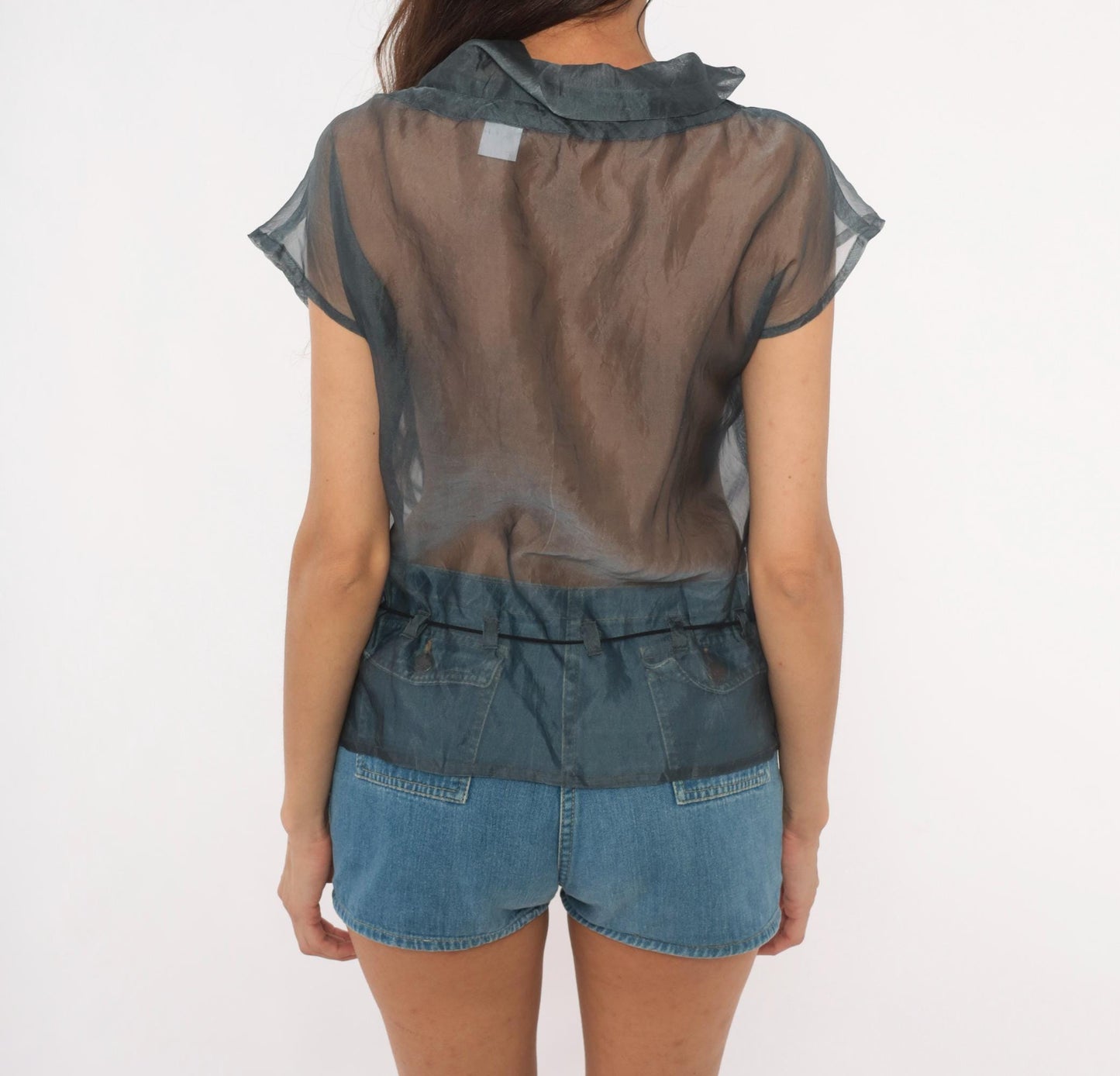 Y2K Fussel Grey Organza Blouse Cap Sleeve Ruffle Collar Sheer Top Medium M
