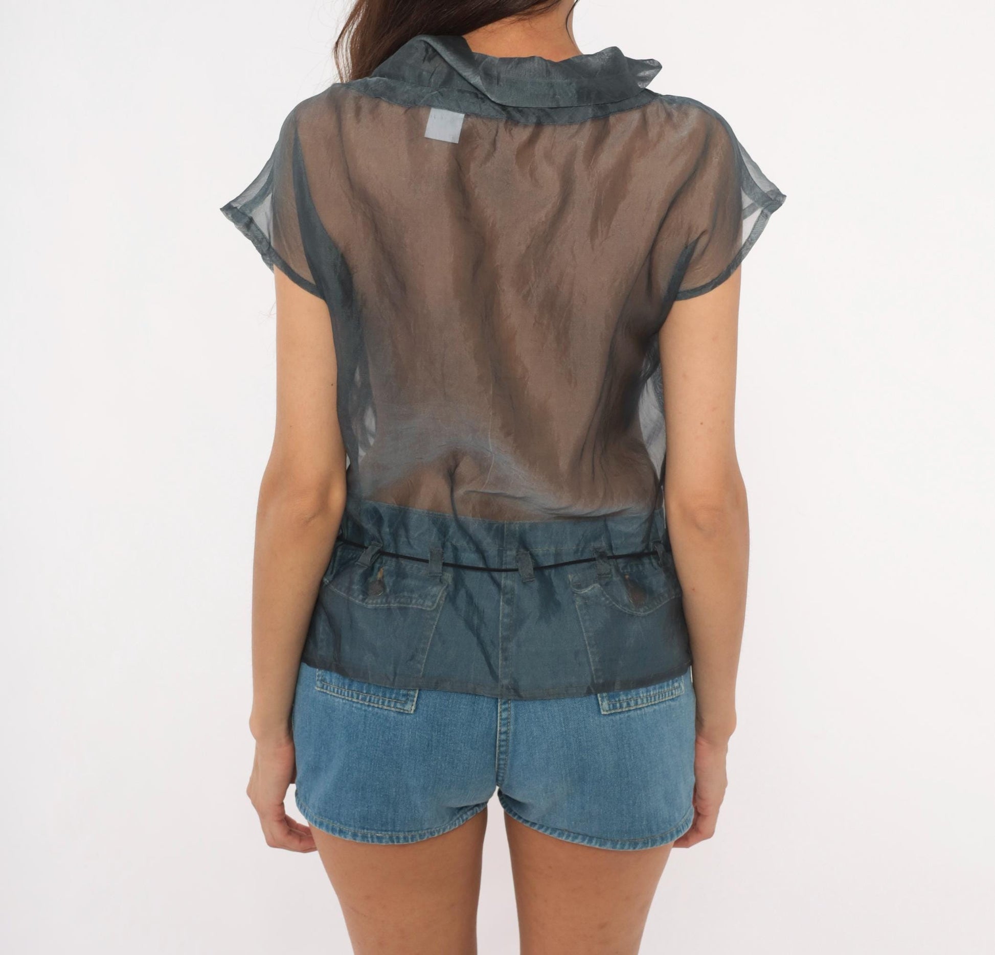 Y2K Fussel Grey Organza Blouse Cap Sleeve Ruffle Collar Sheer Top Medium M