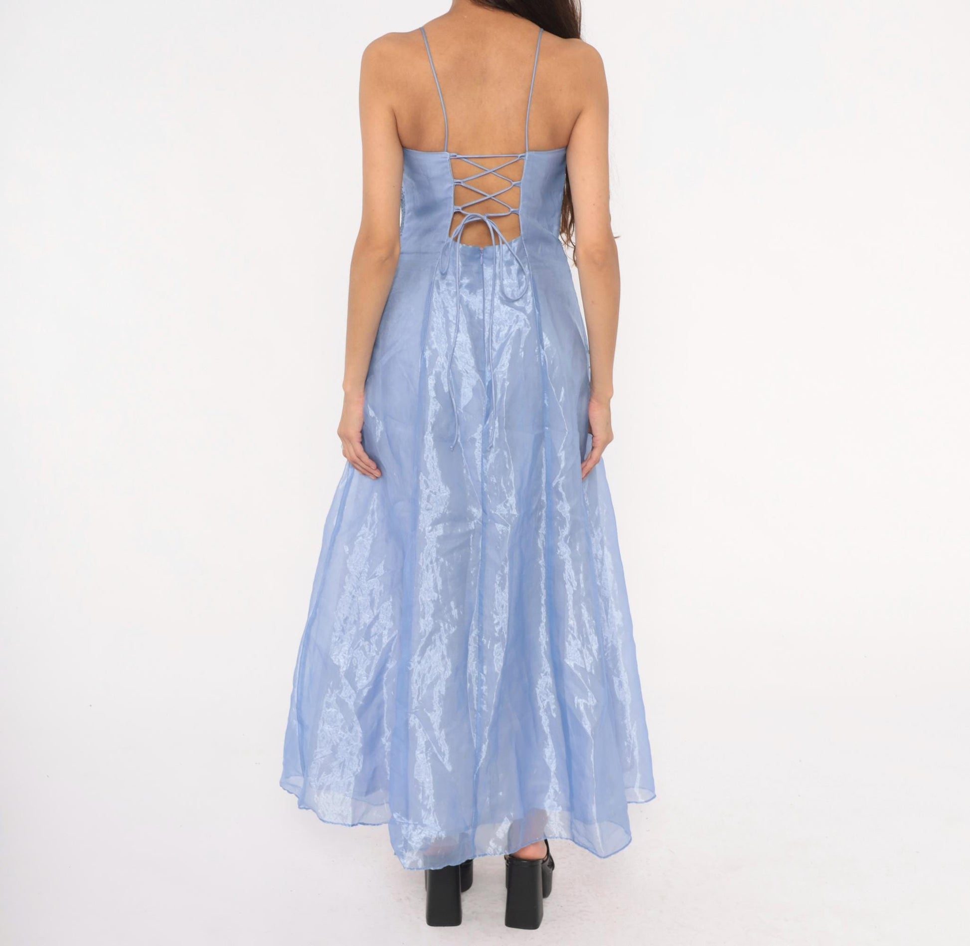 90s Kiki USA Periwinkle Beaded Gown Butterfly Embellished Strapless Organza Medium M