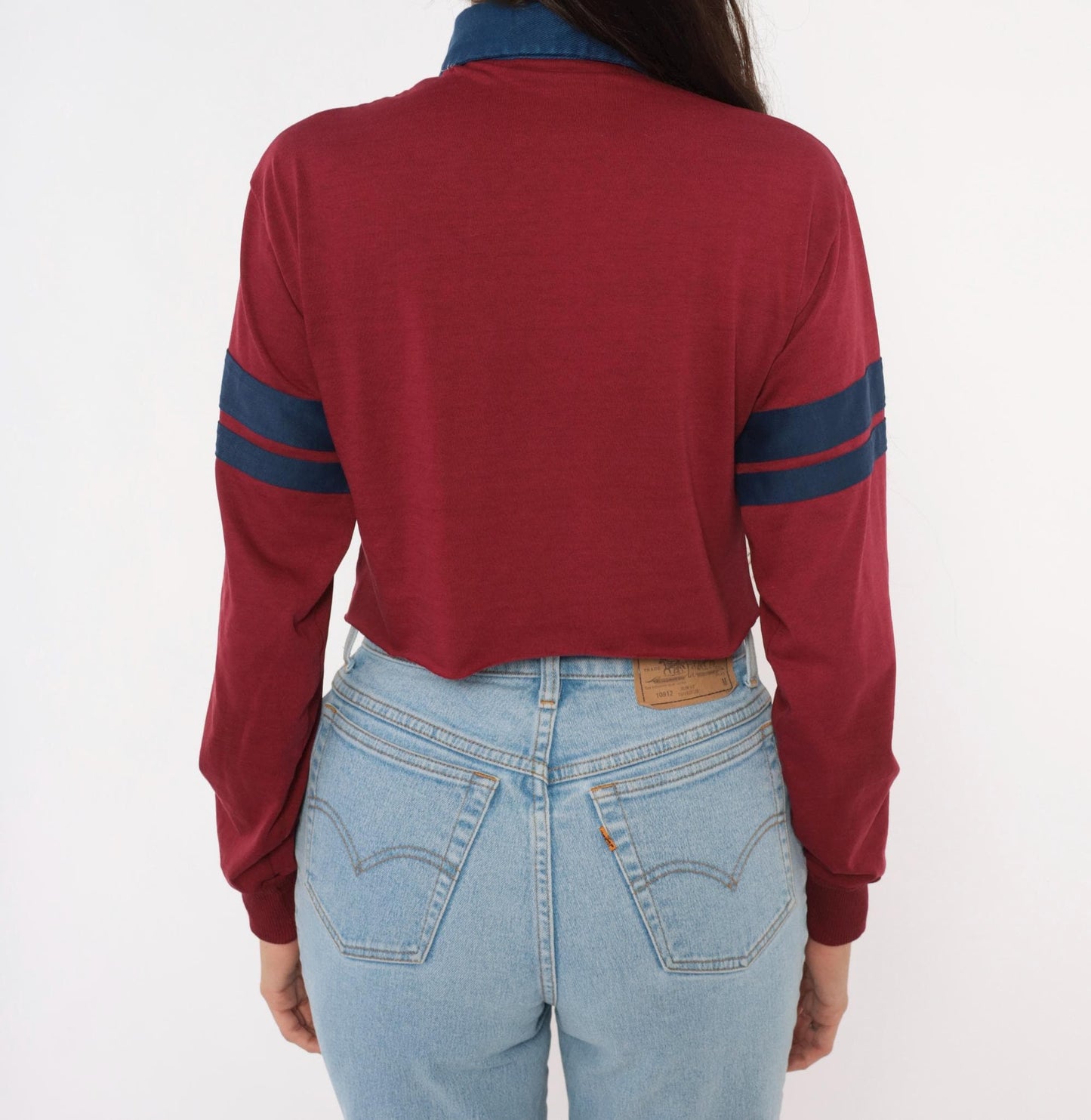 80s Burgundy Navy Stripe Cropped Rugby Polo Cotton Small Medium