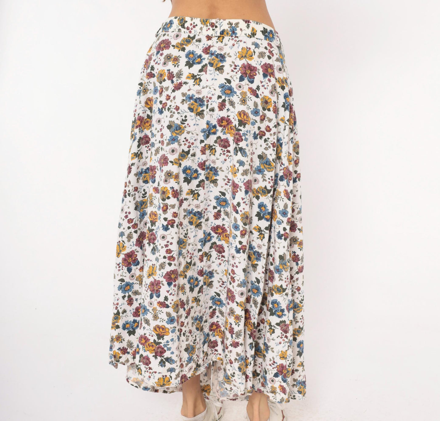 90s White Stag Floral Maxi Skirt Burgundy Mustard Garden Print Large L