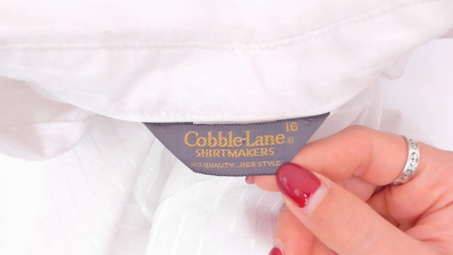 90s Cobble-Lane White Striped Button-Up Blouse Pointed Collar Large L