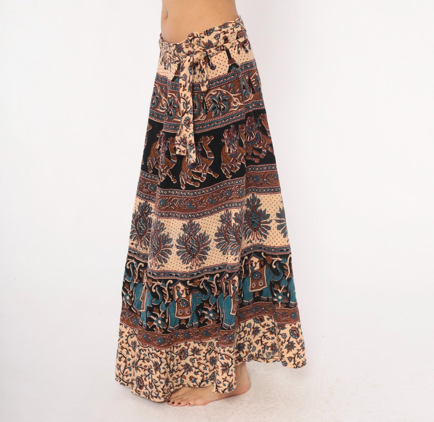 90s Indian Block Print Cotton Wrap Skirt Elephant Peacock Tan Black Teal Small-Large
