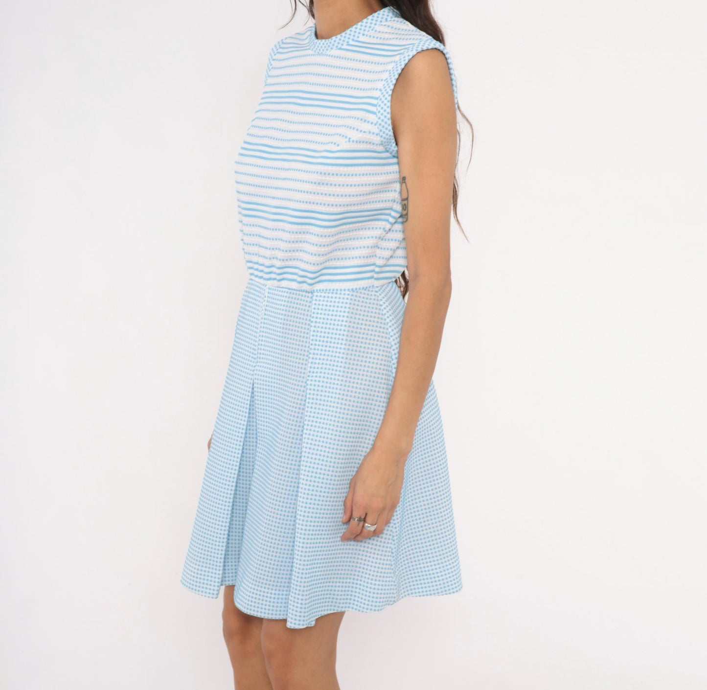 70s Vicky Vaughn Gingham Stripe Dress Sky Blue White Peter Pan Collar Medium