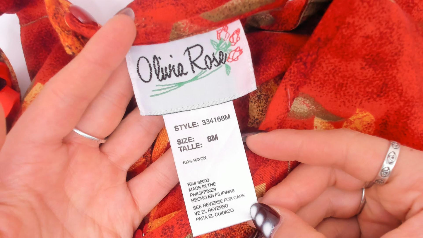 90s Olivia Rose Floral Maxi Dress Red Orange Sleeveless Keyhole Back Medium