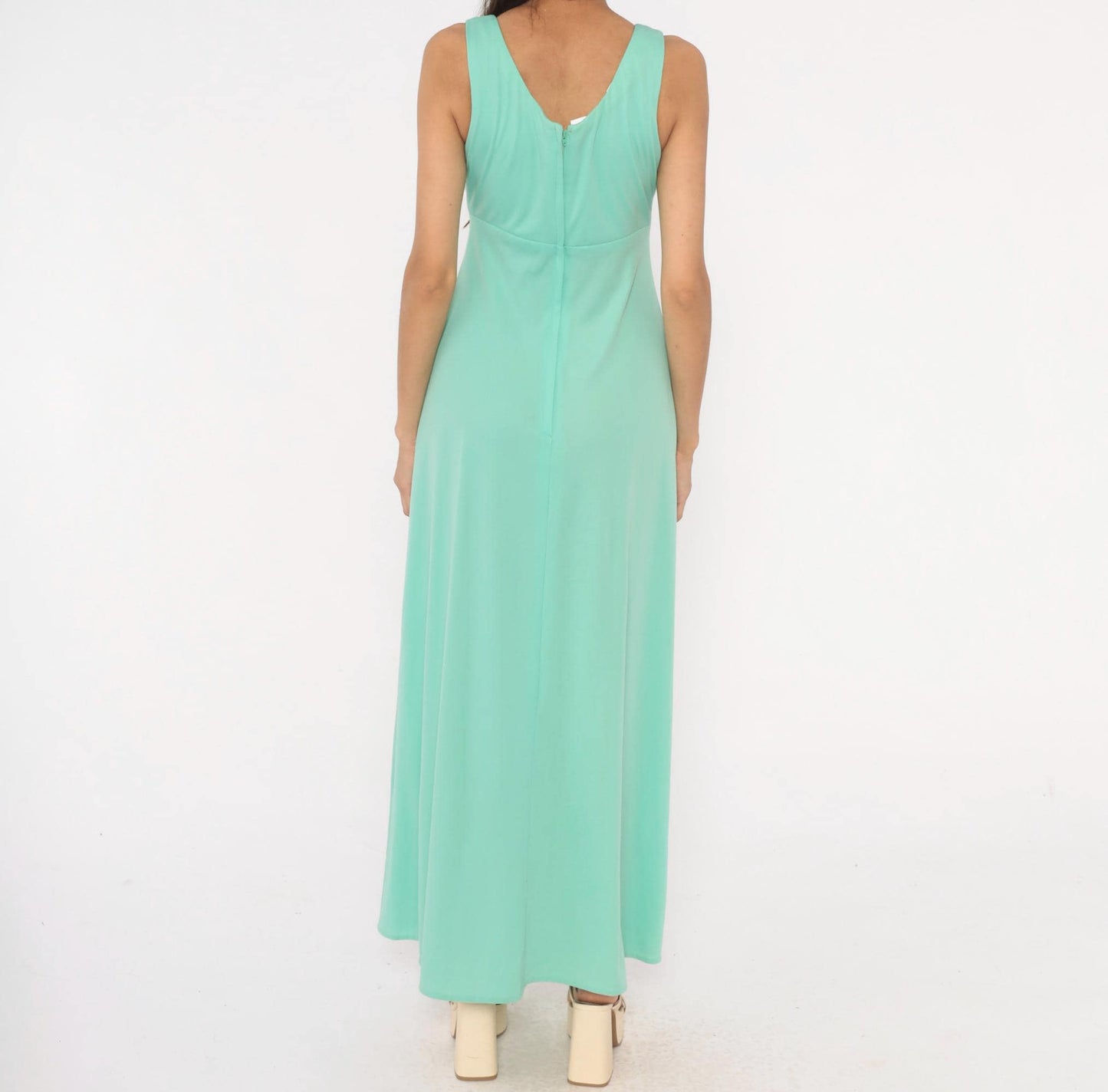 70s Mint Green Sleeveless Maxi Dress Empire Waist A-Line Medium