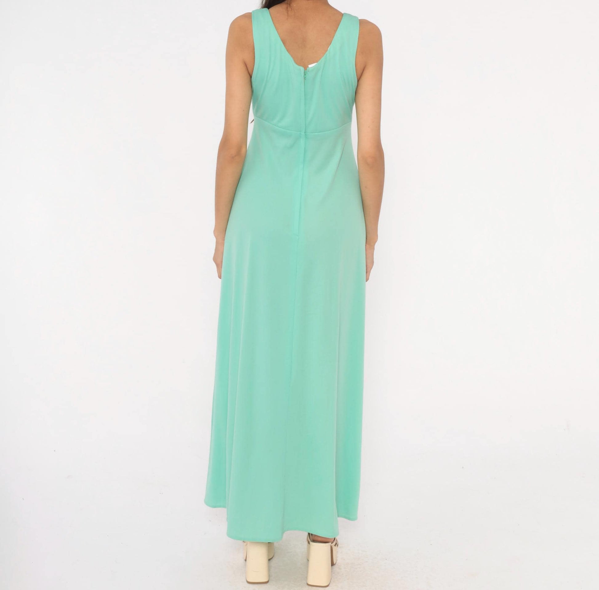 70s Mint Green Sleeveless Maxi Dress Empire Waist A-Line Medium