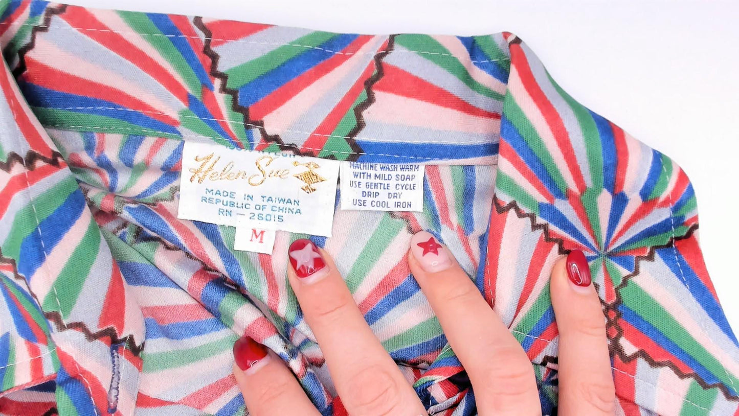70s Helen Sue Fan Print Shirt Geometric Button Front Pointed Collar Small
