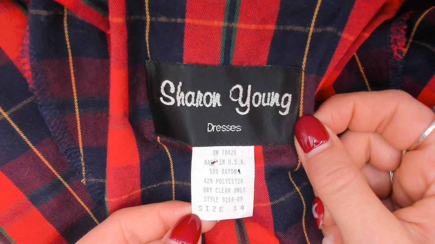80s Sharon Young Plaid Shift Dress Red Navy Tartan Peter Pan Collar Large L