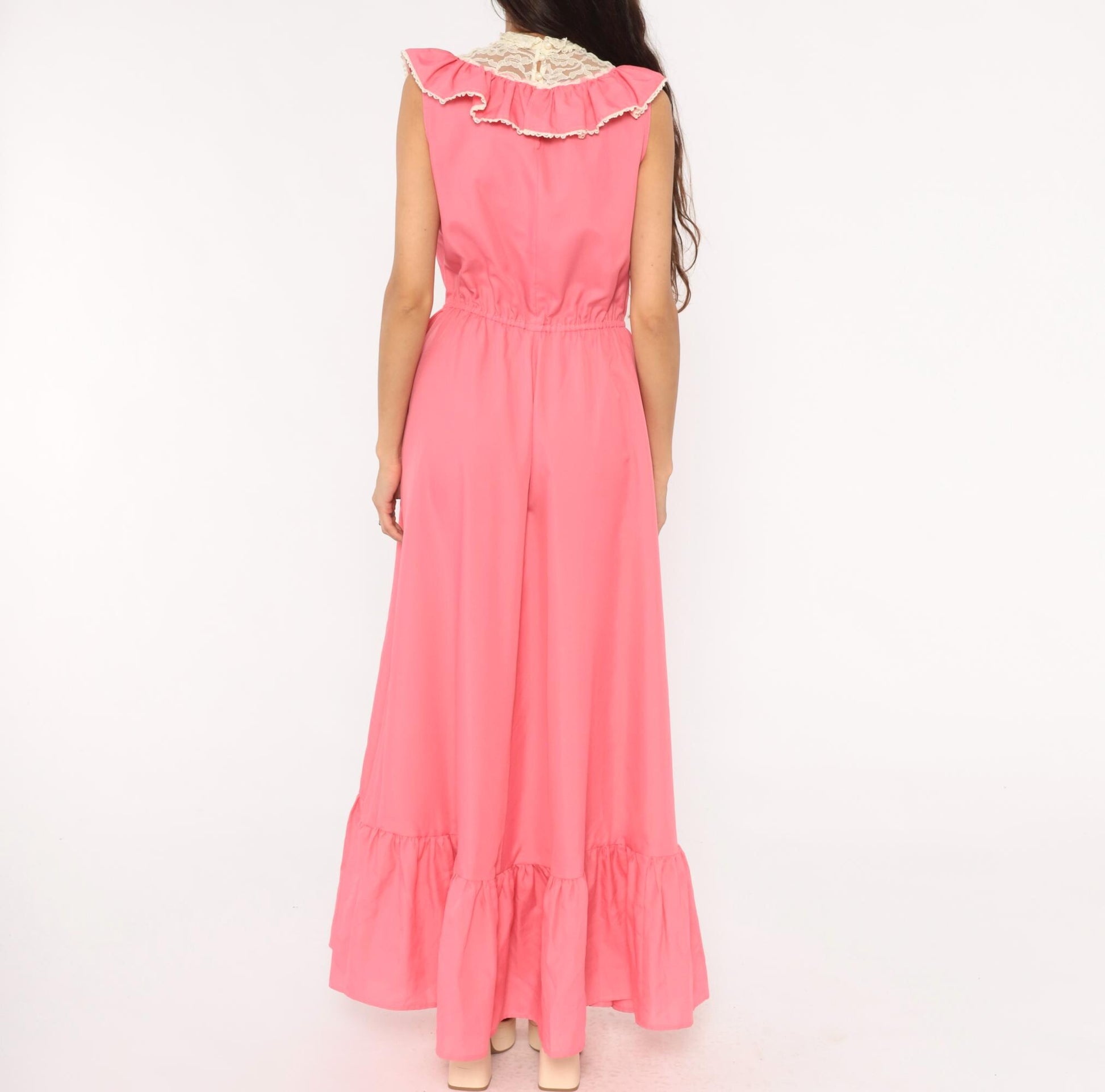 70s Pink Lace Bib Maxi Dress Ruffle Trim High Neck Floral Panel Medium