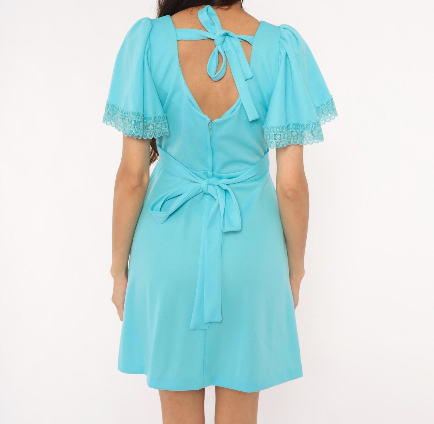 70s Sky Blue Mini Dress Flutter Sleeve V-Neck Scalloped Lace Embroidered Small