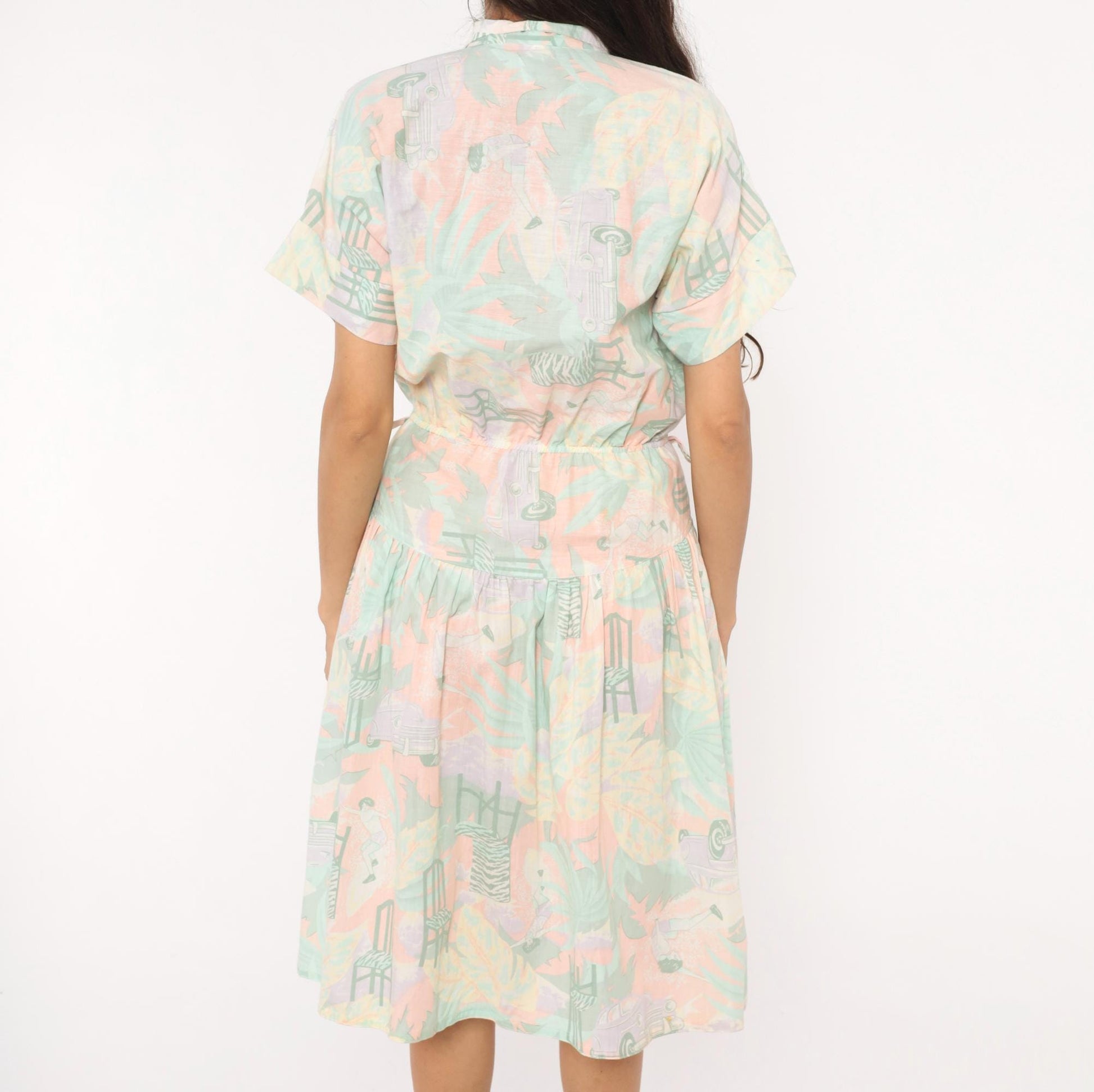 80s 3 Star Novelty Print Shirt Dress Pink Teal Knee-Length Small