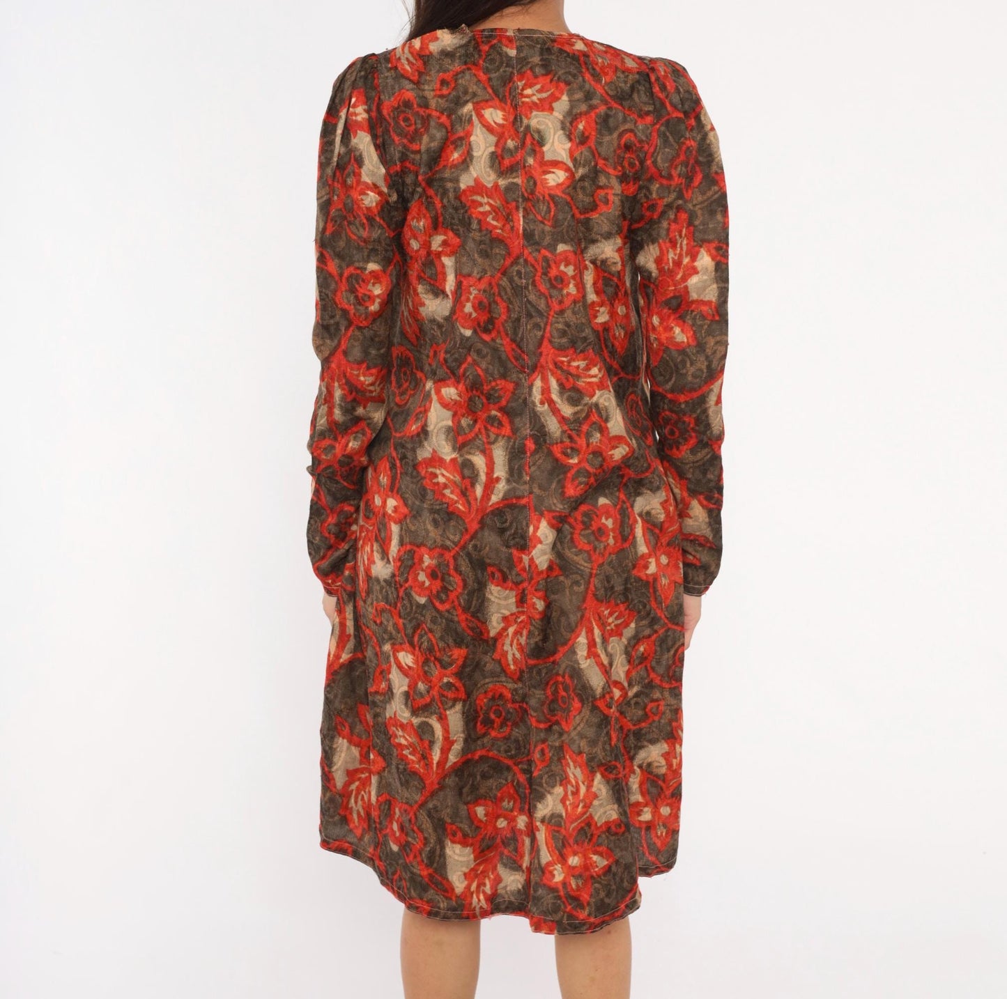 90s Floral Vine Dress Red Brown Scrolling Leaf Print V Neck Puff Shoulder Small S