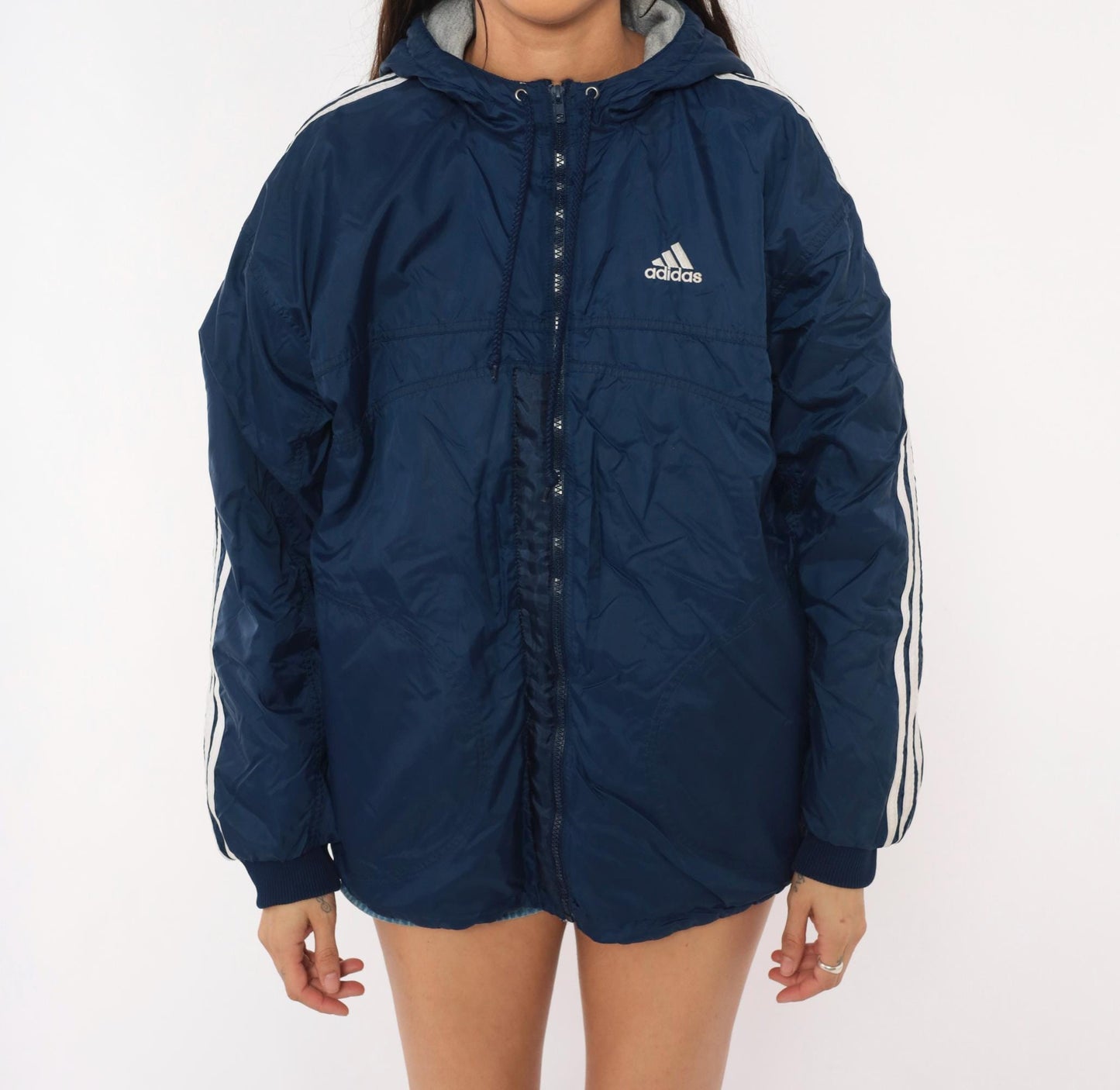 90s Adidas Reversible Windbreaker Hoodie Navy Grey Three Stripe Jacket Large L