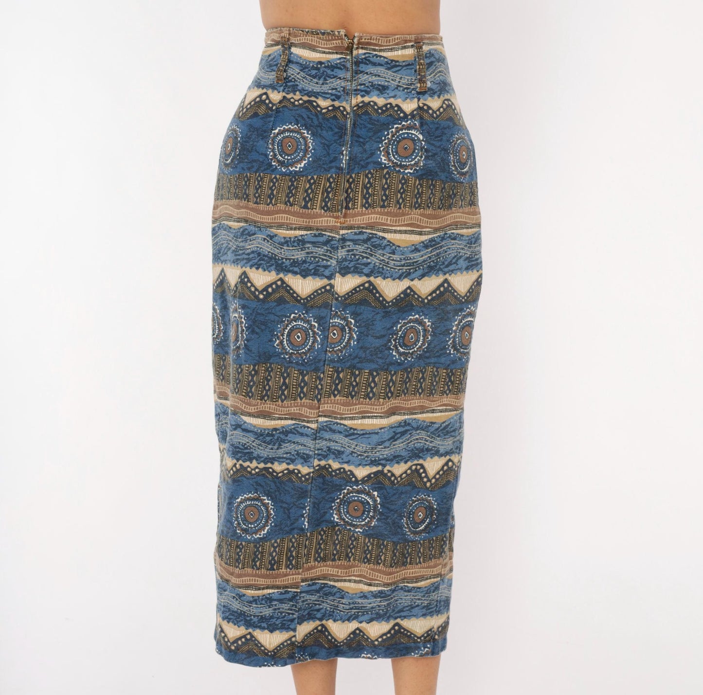 90s Southwestern Tribal Midi Skirt Blue Cream Cotton High Waist Wrap Small