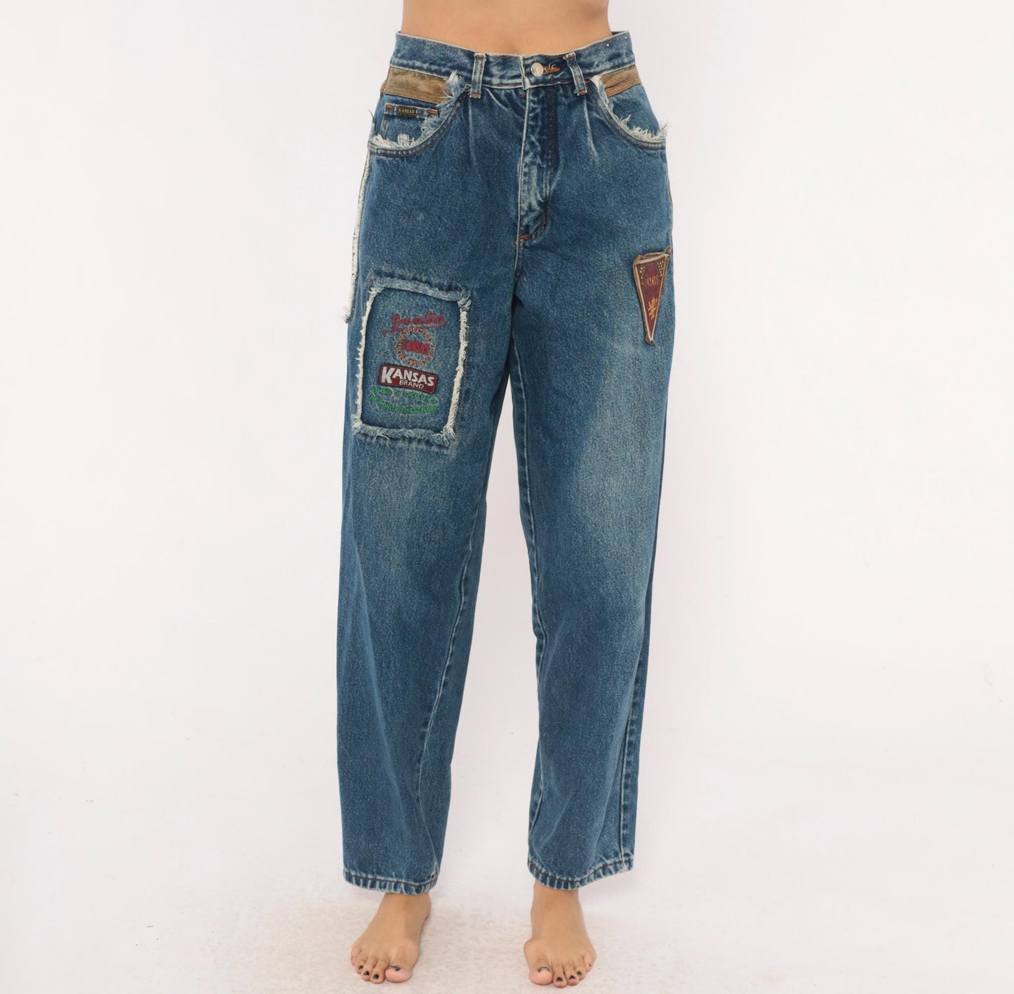 90s Kansas Brand Patchwork Denim Jeans High-Waisted Tapered Blue Suede Trim Small