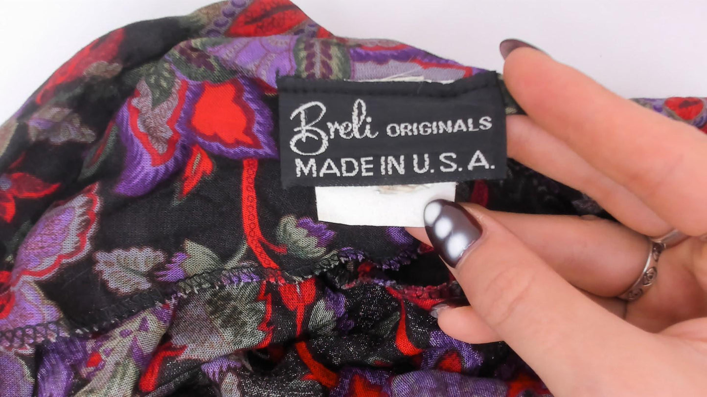 90s Breli Originals Floral Wrap Dress V Neck Long Sleeve Black Purple Small