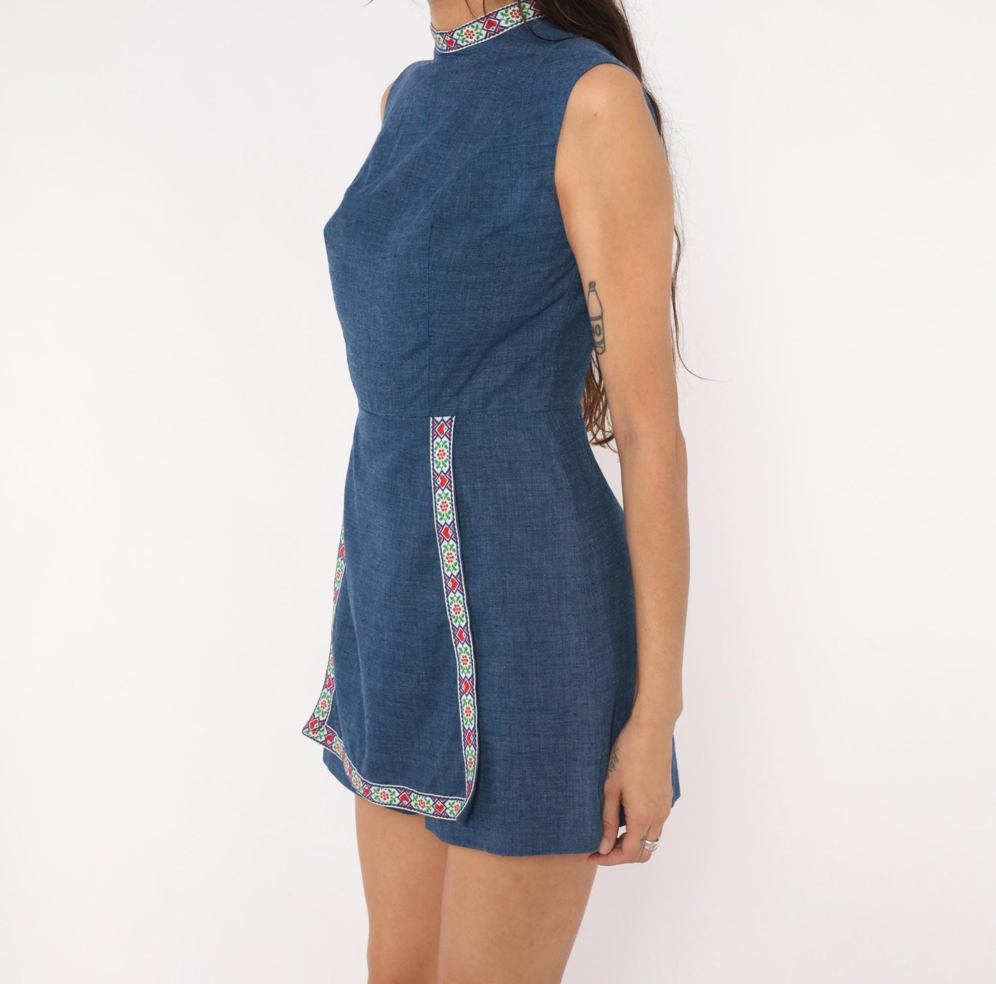 60s Navy Chambray Romper Embroidered Folk Floral Mock Neck Playsuit XS