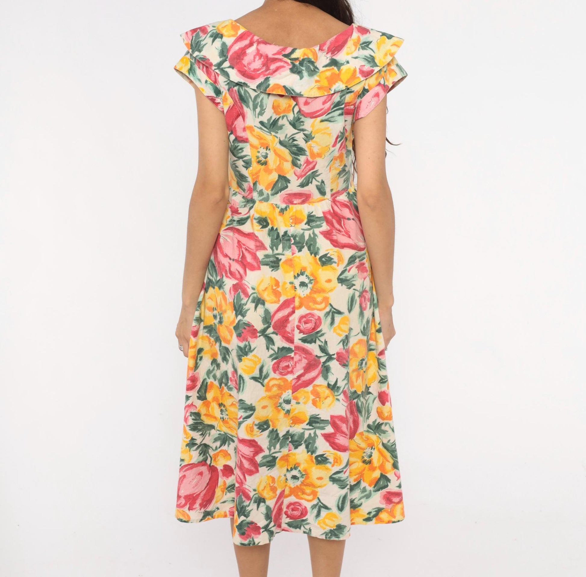 80s Floral Midi Dress Ruffle Collar Rose Print Cream Cotton Medium M