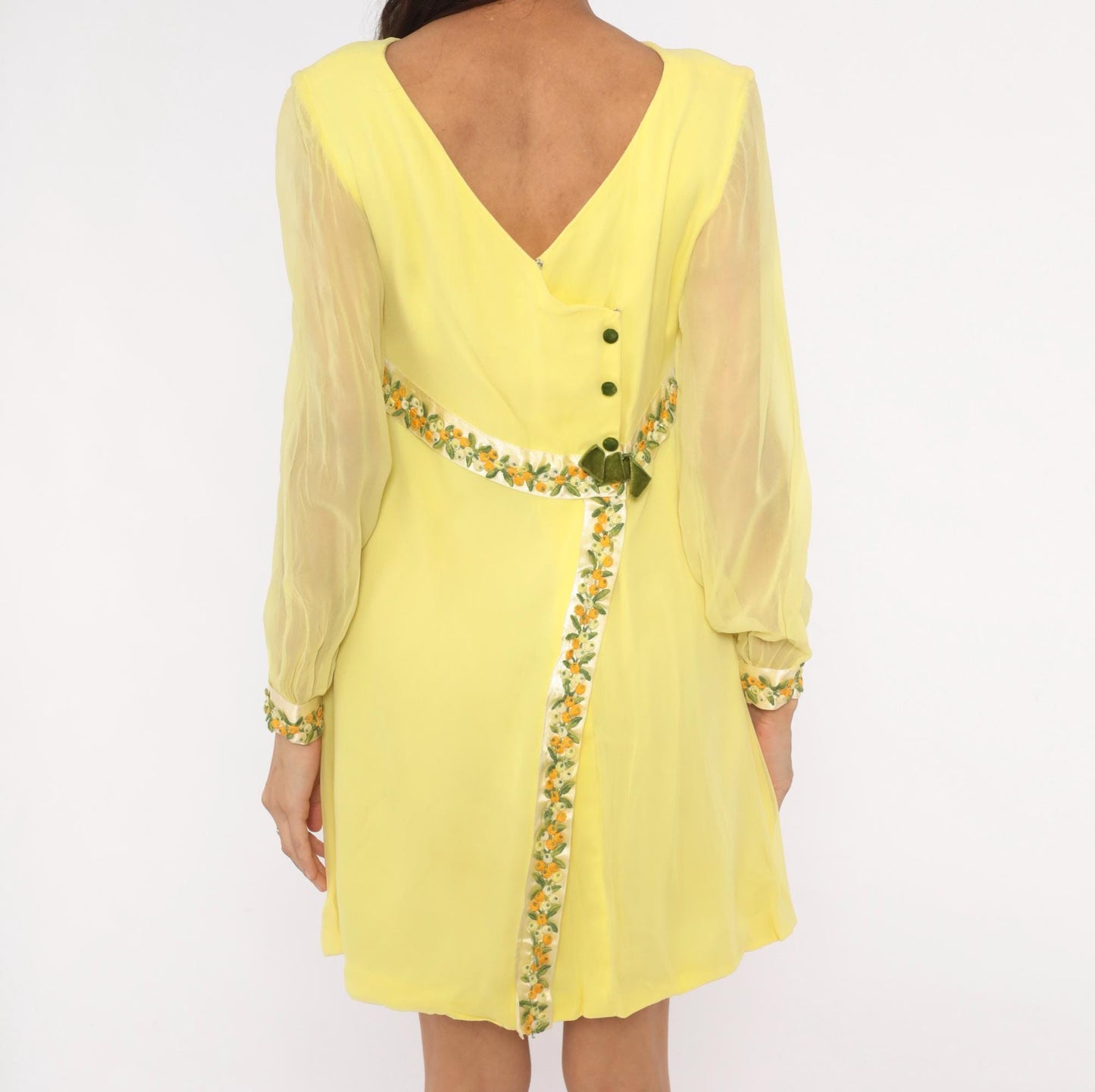1960s Yellow Chiffon Empire Waist Mini Dress Embroidered Floral Small