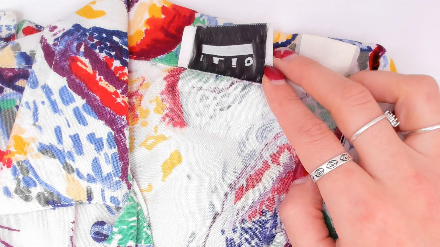 90s Ilio Abstract Painterly Button-Up Blouse Multicolor Camp Collar Medium M