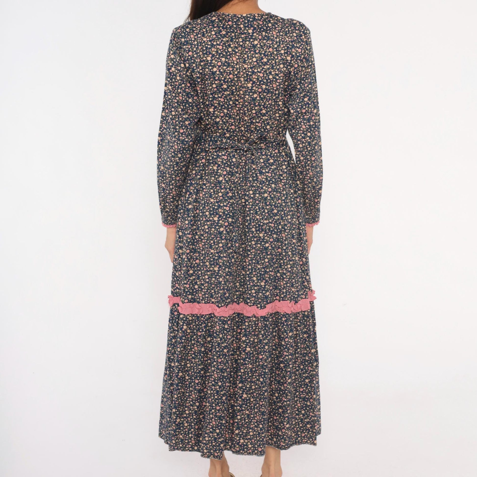 Y2K Indah Navy Floral Maxi Dress Cotton Long Sleeve Ruffle Trim Medium M