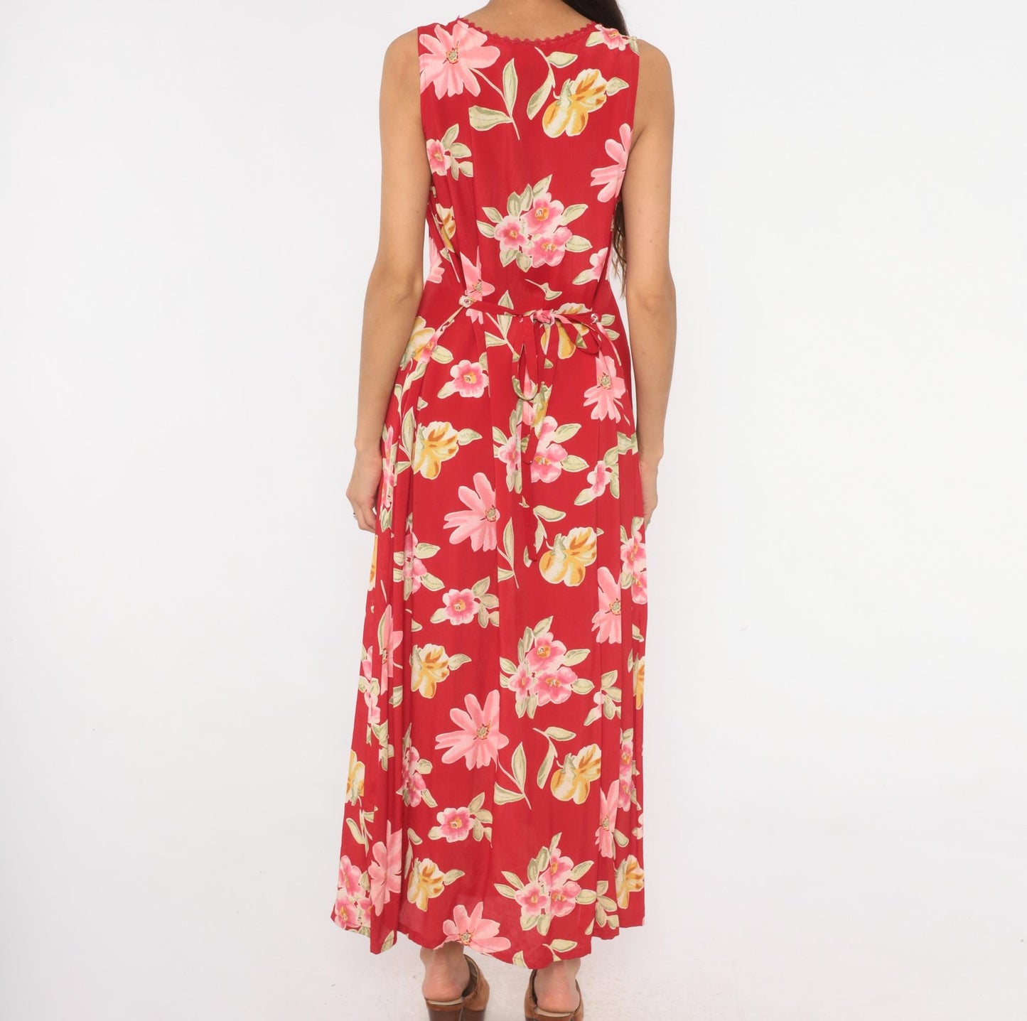 90s White Stag Red Floral Maxi Dress Sleeveless V-Neck Lace Trim Large L