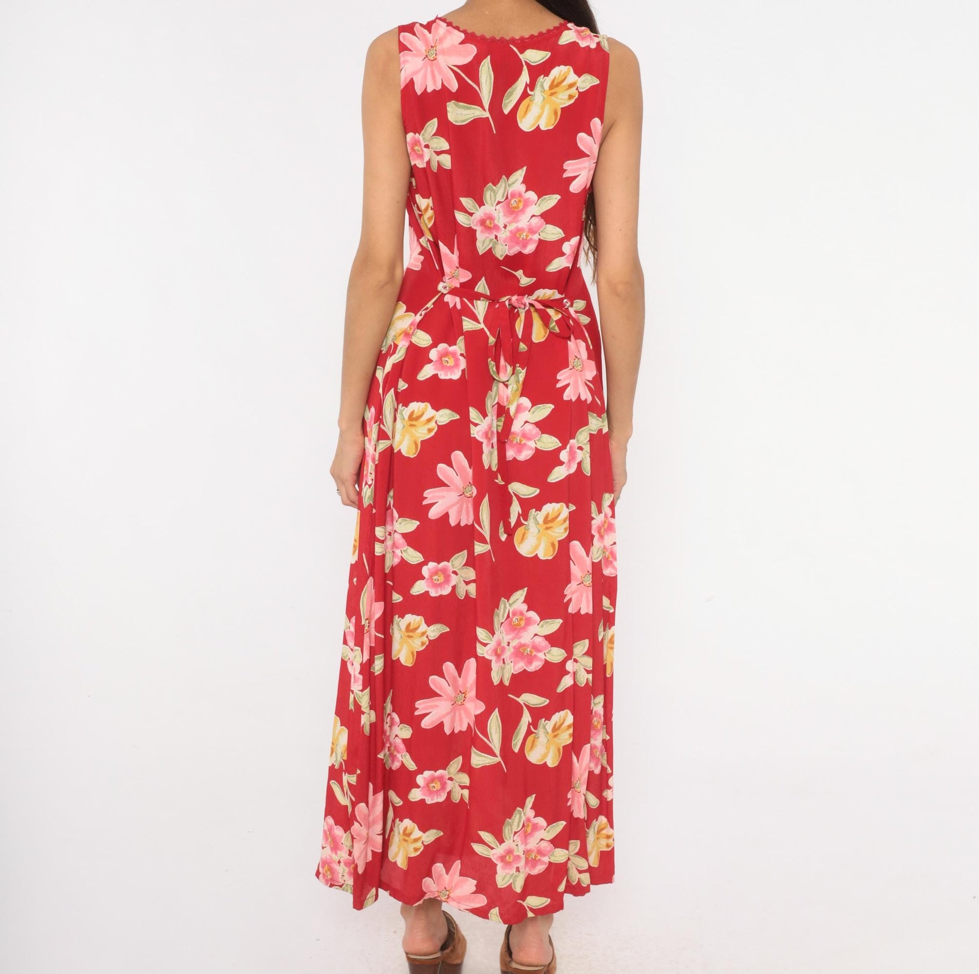 90s White Stag Red Floral Maxi Dress Sleeveless V-Neck Lace Trim Large L