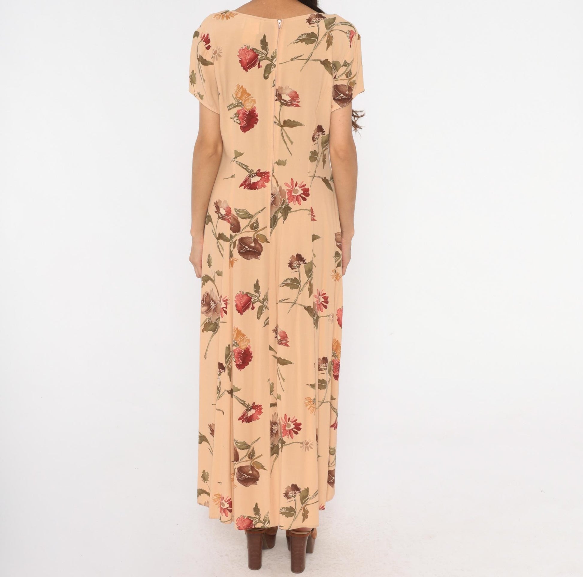 90s Jeffery & Dara Floral Maxi Dress Peach Button Front Scoop Neck Large L