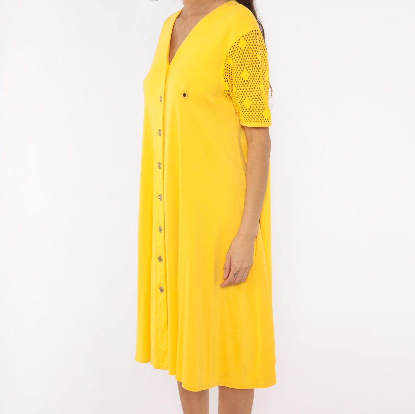 90s Leisure Living Sunflower Embroidered Dress Yellow Cotton Mesh Sleeve Small