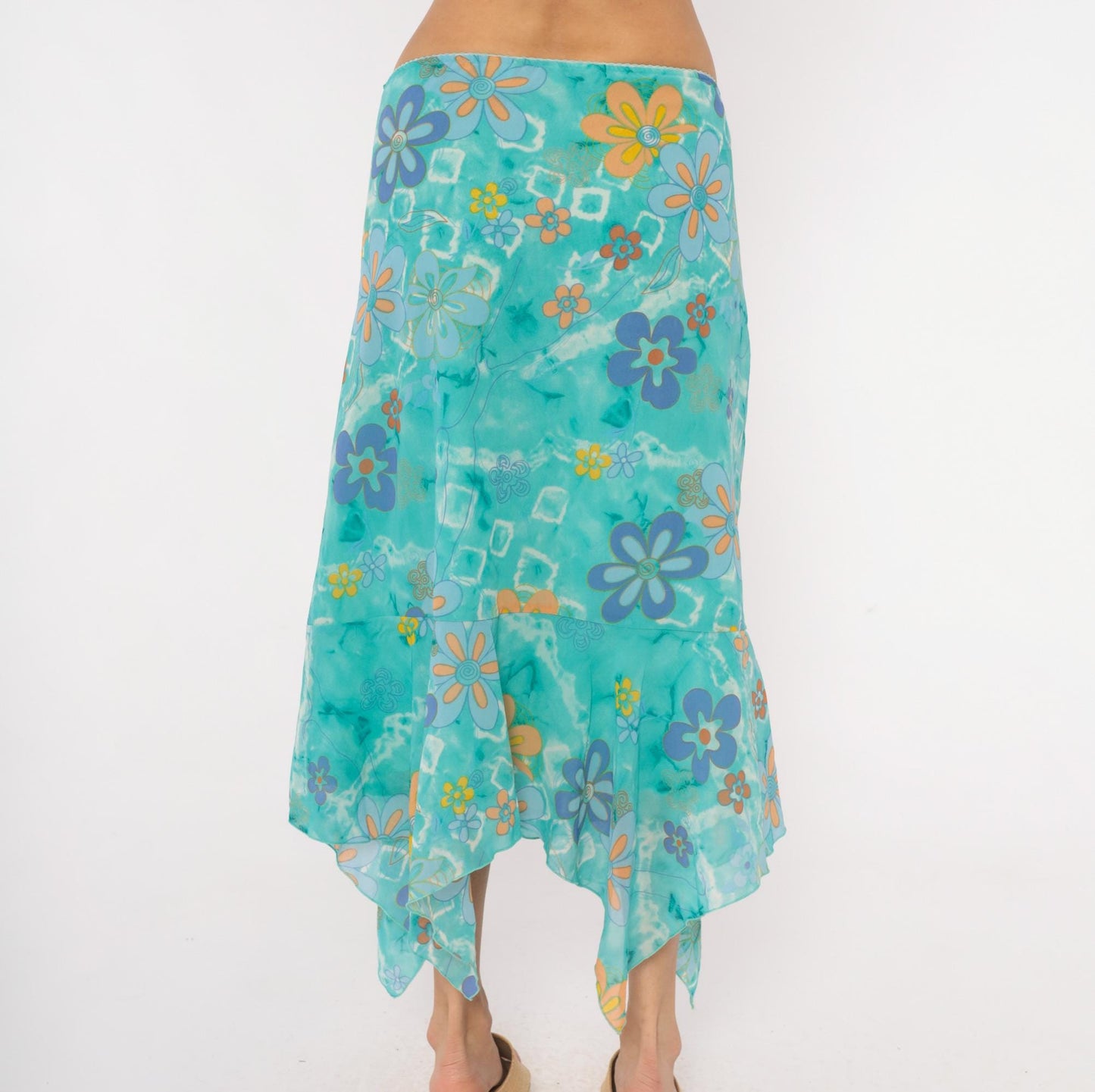 Y2K Millenium Psychedelic Handkerchief Midi Skirt Turquoise Floral Extra Large XXL