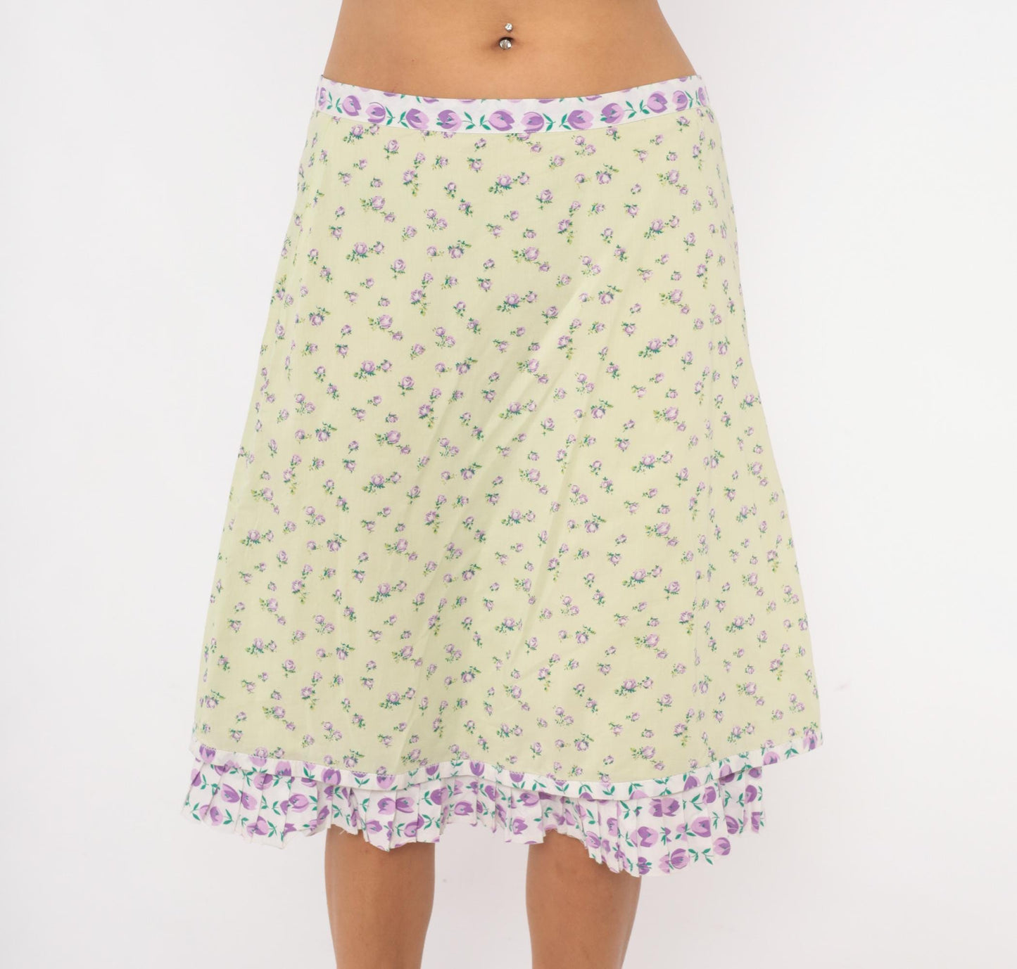 2000s Snak Floral A-Line Skirt Pale Green Purple Rose Print Knee-Length Medium M