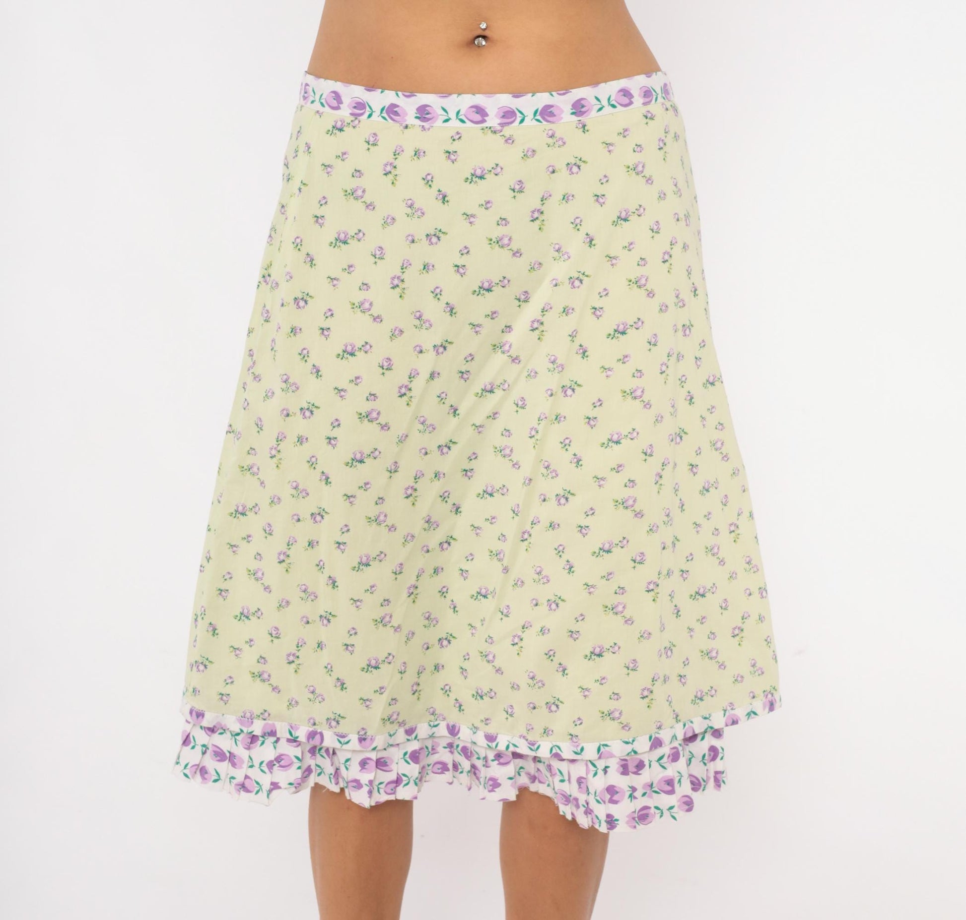 2000s Snak Floral A-Line Skirt Pale Green Purple Rose Print Knee-Length Medium M