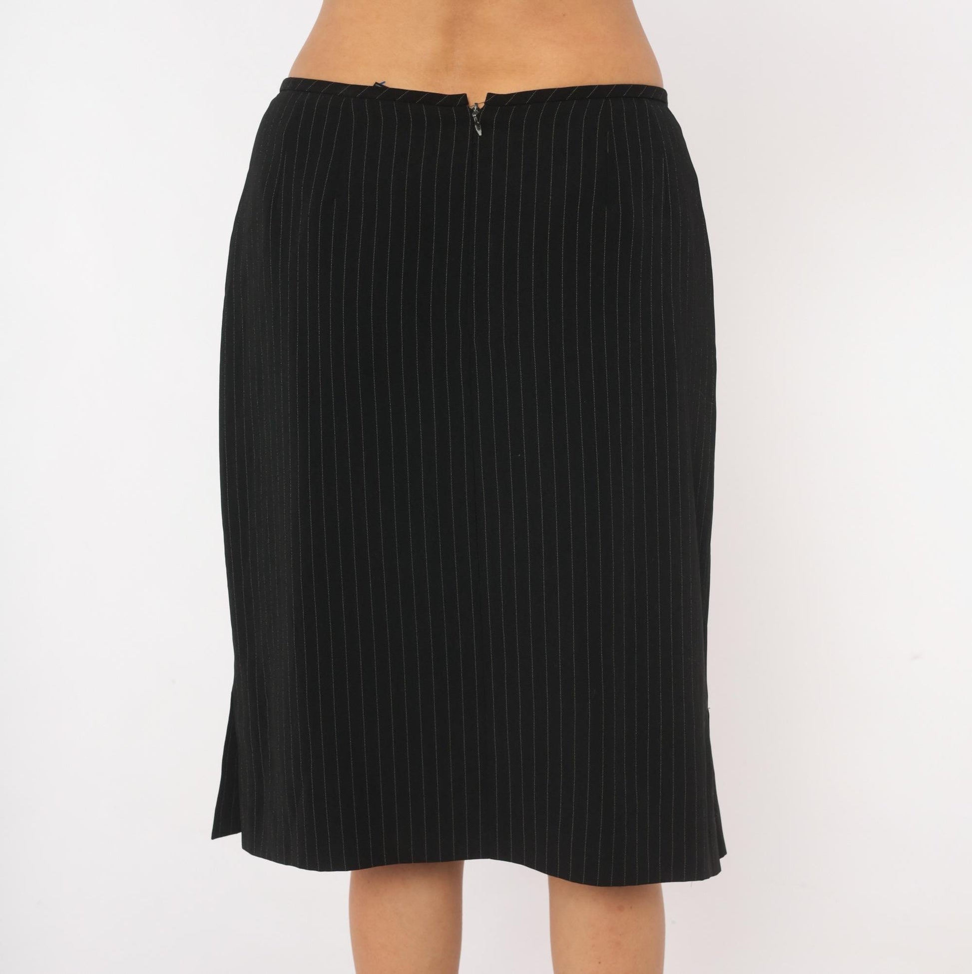 2000s Black Pinstripe A-Line Skirt White Stripe Knee-Length Medium M