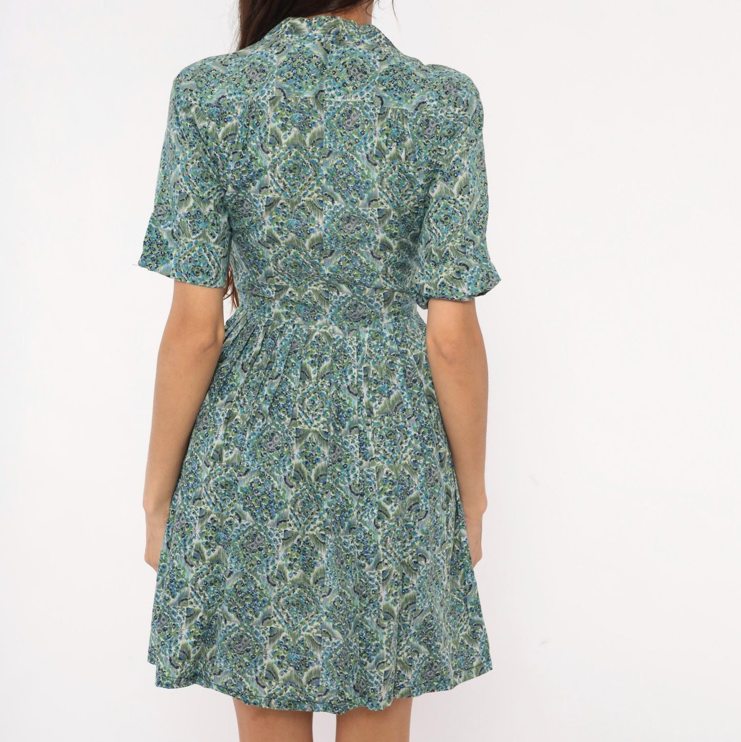 60s Penneys Brentwood Paisley Floral Shirtdress Blue Green Cotton Knee XS