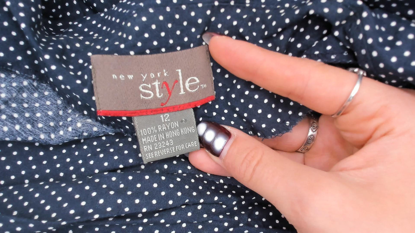 90s New York Style Navy Polka Dot Maxi Dress Button Front Flutter Sleeve Large L