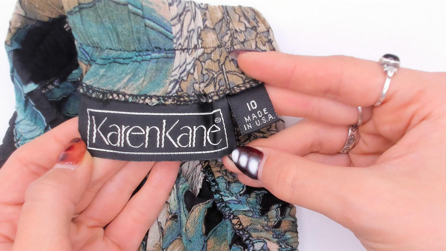 90s Karen Kane Tropical Botanical Midi Skirt Teal Olive Black Medium M