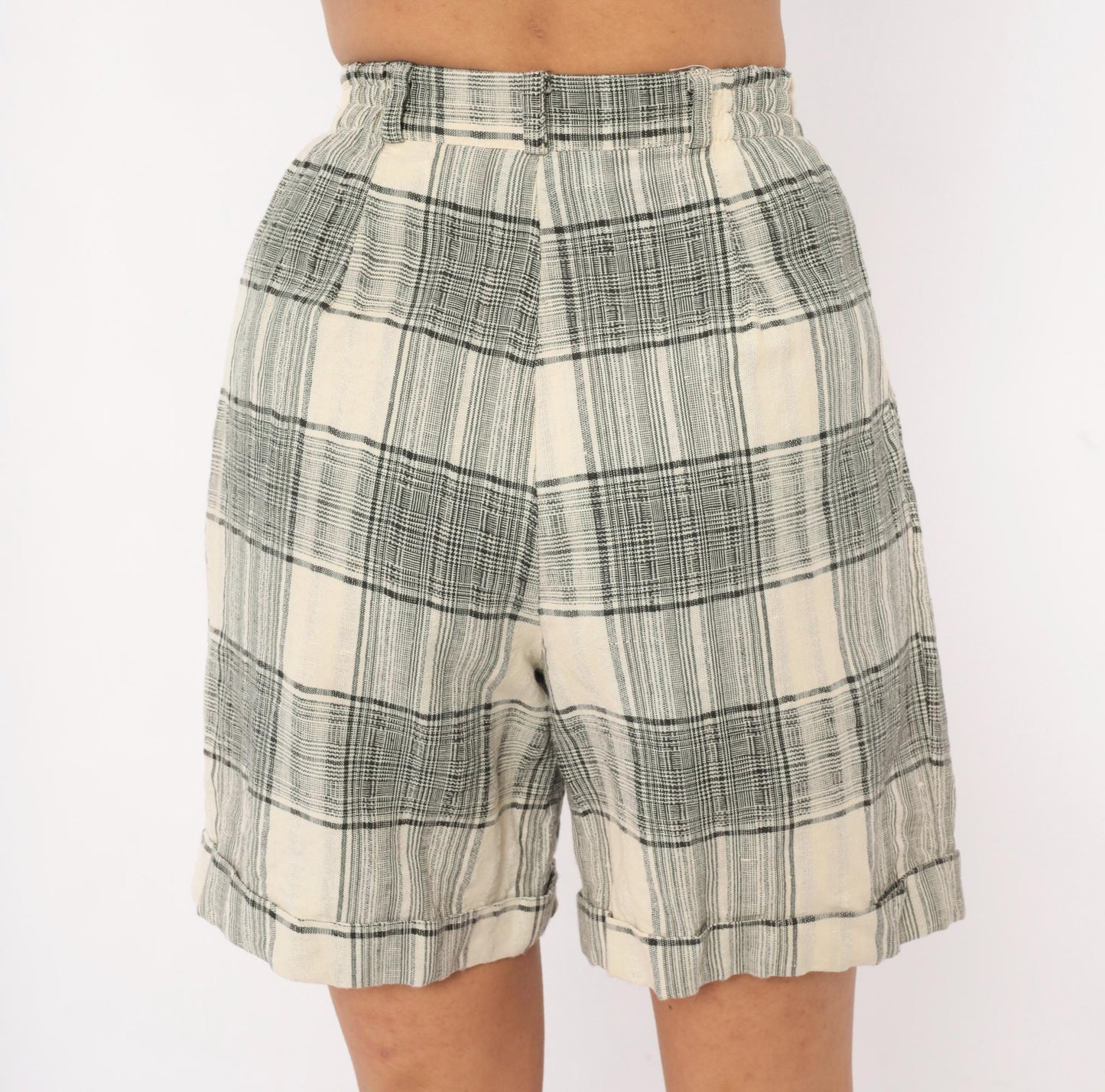 80s Fundamental Things Plaid Linen Bermuda Shorts Black Cream High Waist Pleated Extra Small