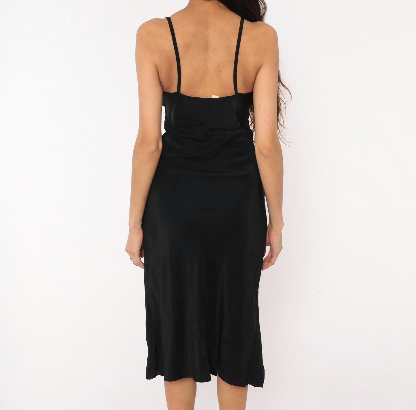 70s Black Silk Slip Dress Heart Cutout Lace Trim Spaghetti Strap Extra Small