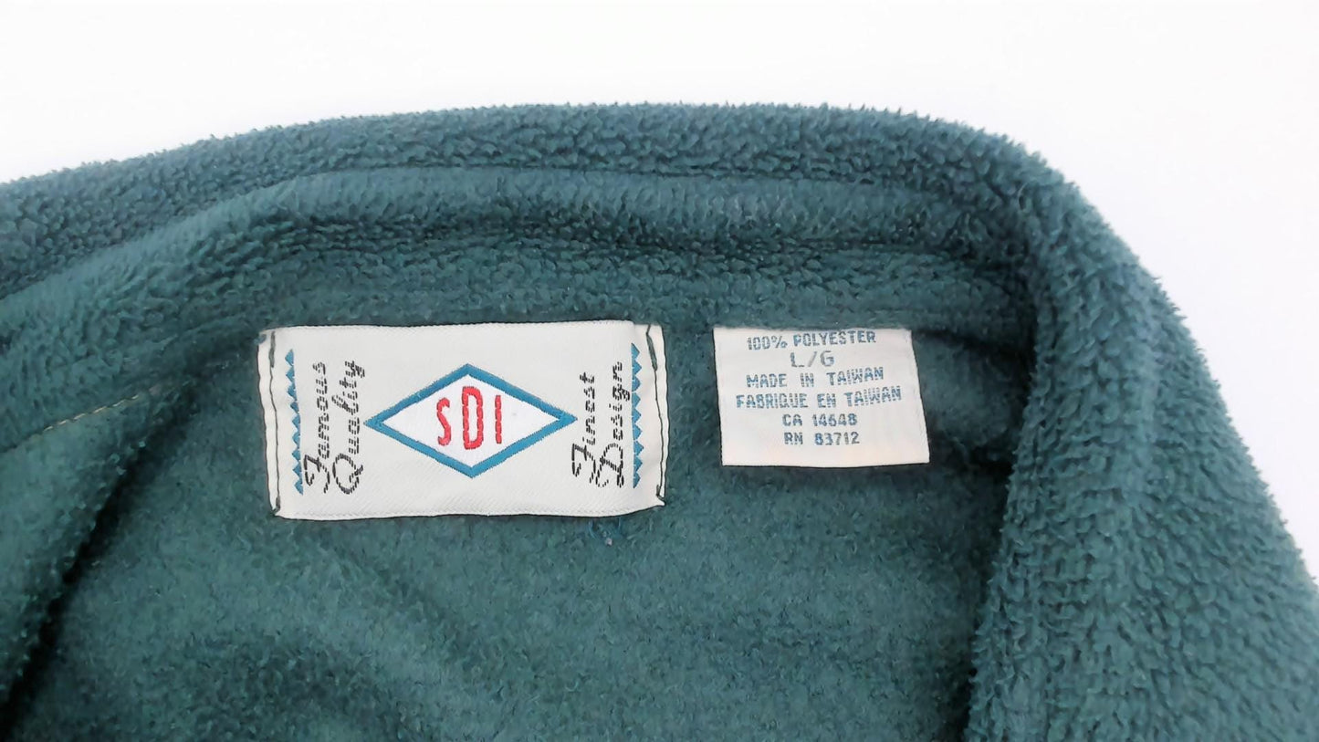 90s Keystone Forest Green Full Zip Fleece Jacket Brown Leather Trim Large L