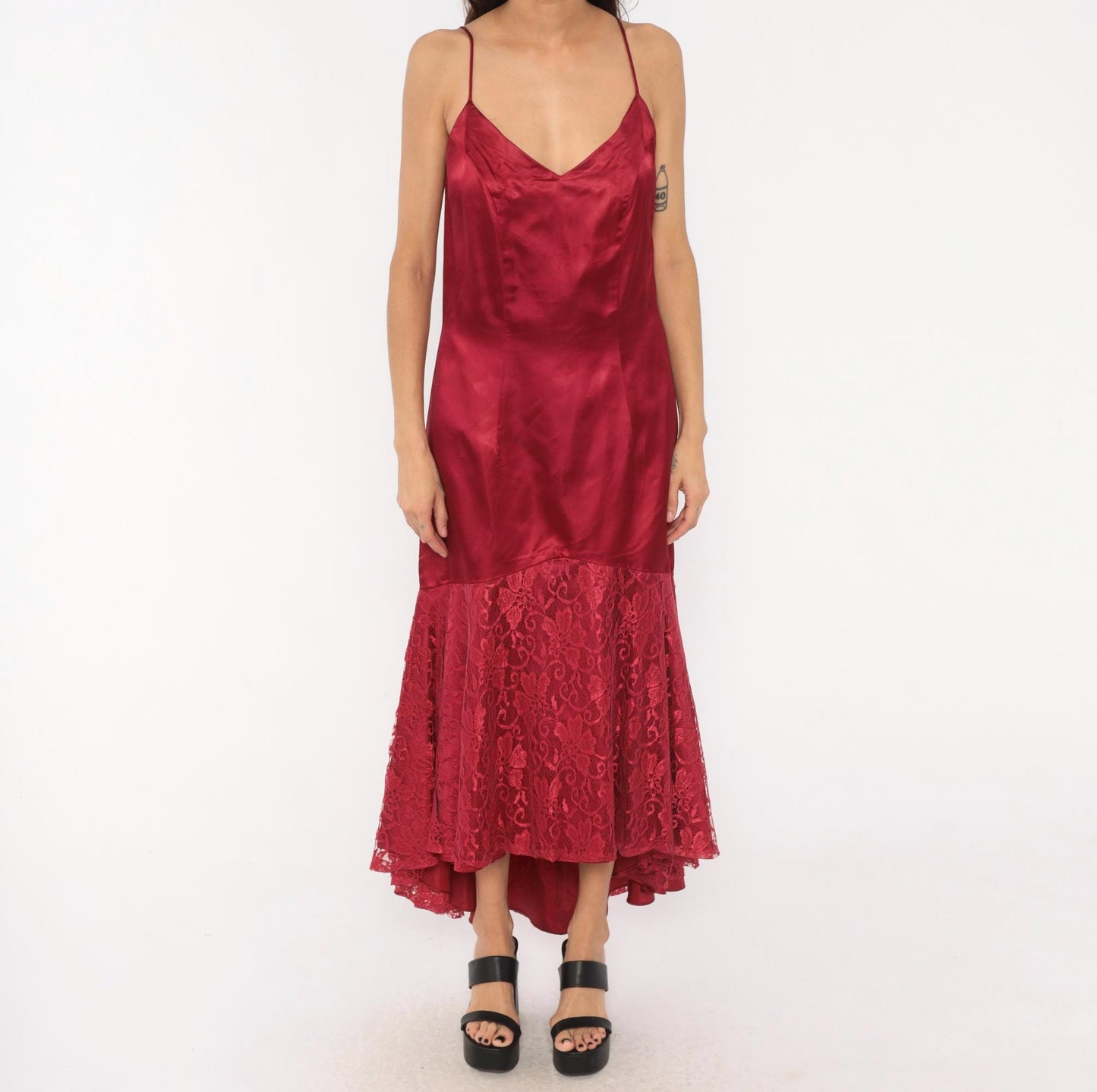 80s Burgundy Satin Slip Dress Mermaid Lace Hem V Neck Low Back Large L