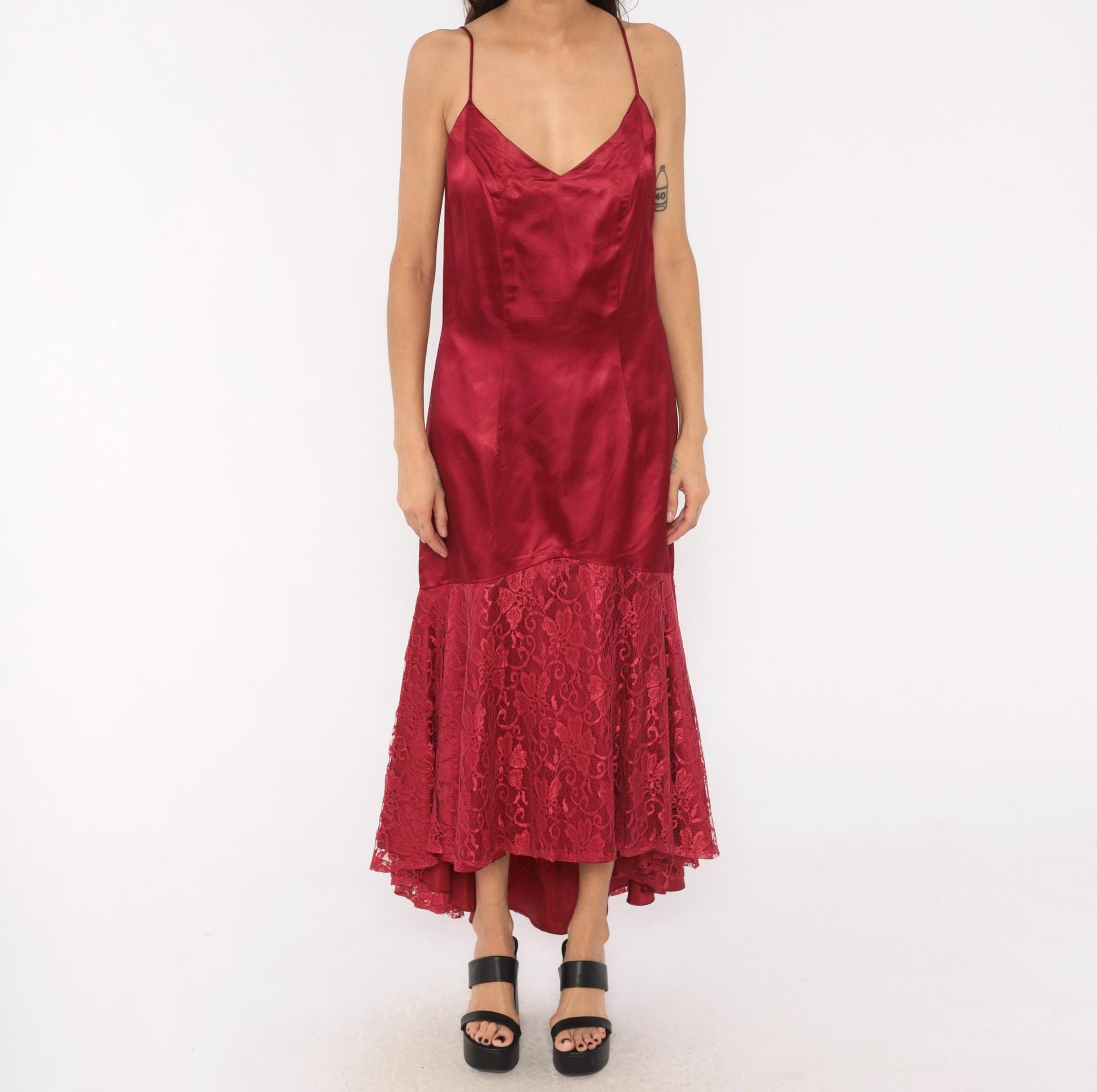 80s Burgundy Satin Slip Dress Mermaid Lace Hem V Neck Low Back Large L