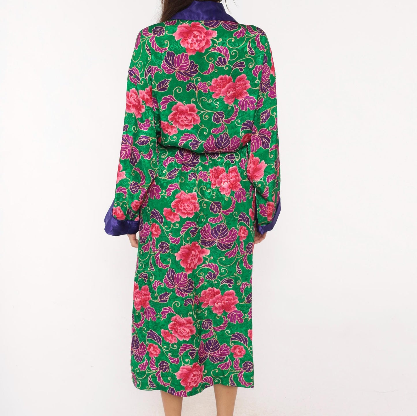 90s Victoria's Secret Green Floral Kimono Robe Satin Trim Medium Large