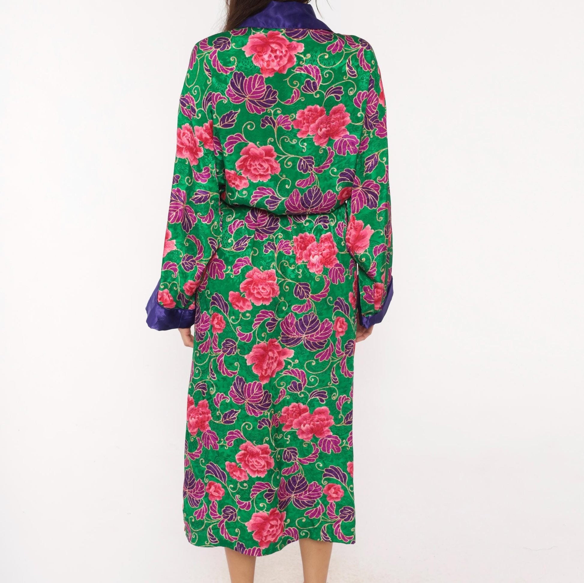 90s Victoria's Secret Green Floral Kimono Robe Satin Trim Medium Large