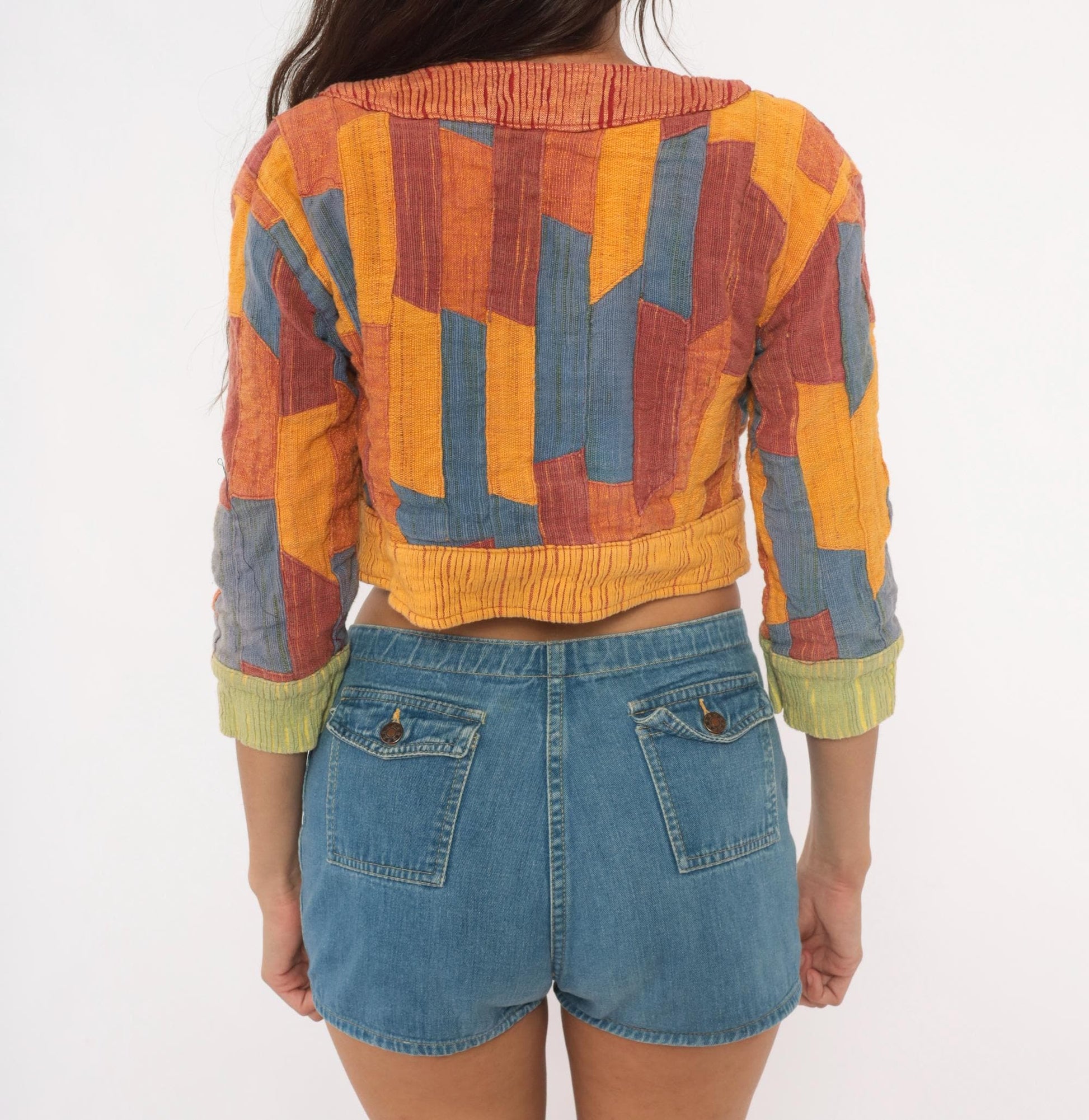 2000s Patchwork Cropped Bolero Jacket Mustard Burgundy Blue Cotton Small