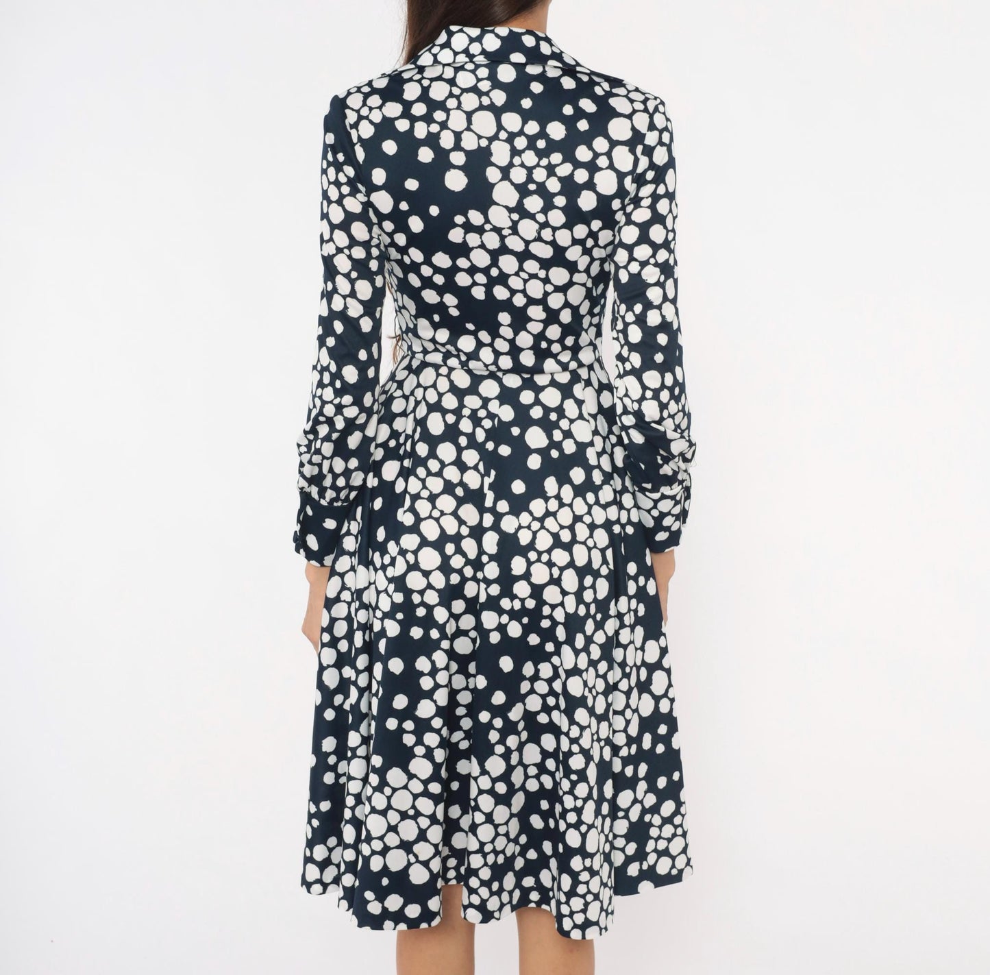 70s Gail Gray Navy Polka Dot Wrap Dress V Neck Button Front Knee Length Extra Small XS