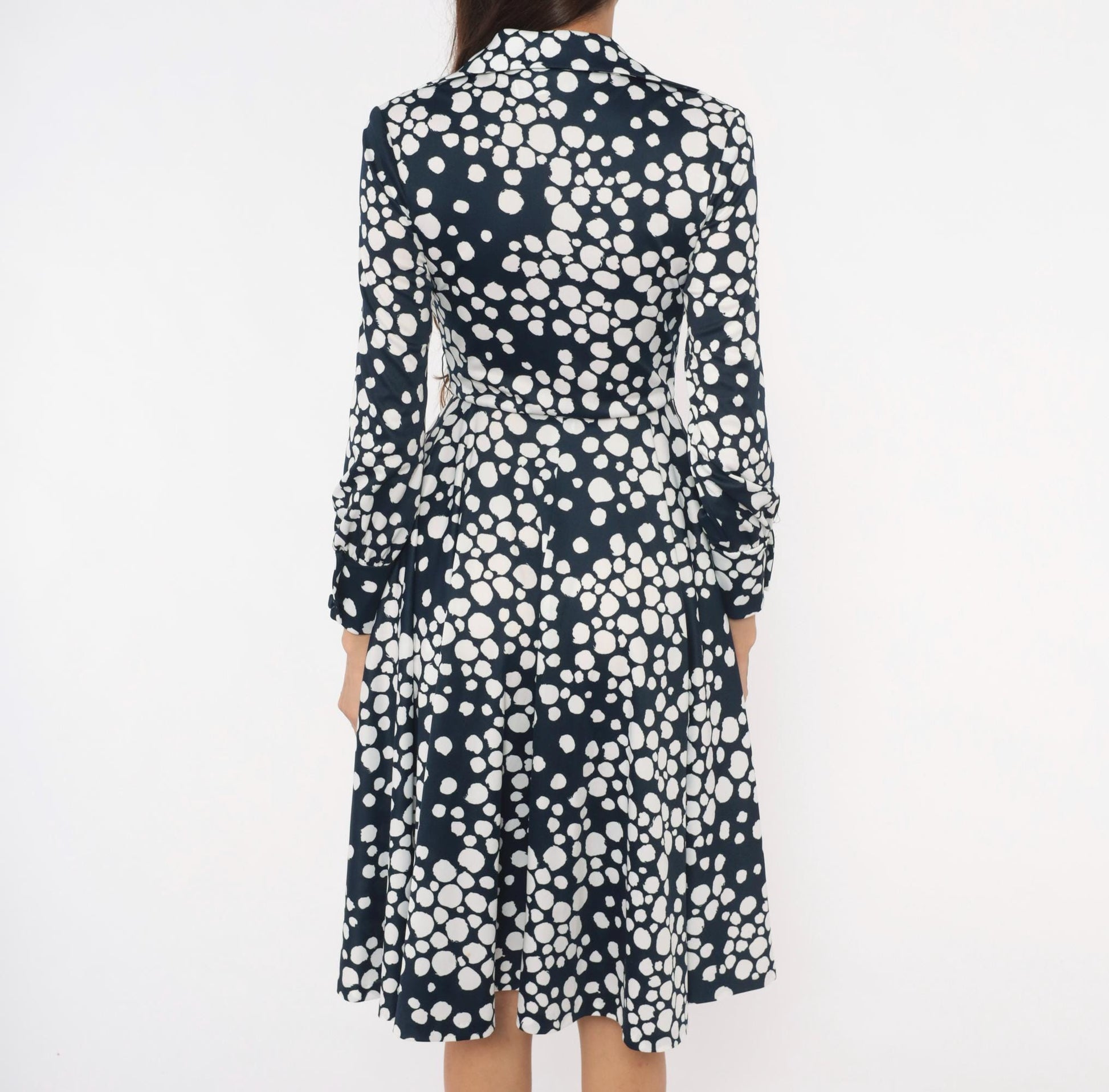 70s Gail Gray Navy Polka Dot Wrap Dress V Neck Button Front Knee Length Extra Small XS