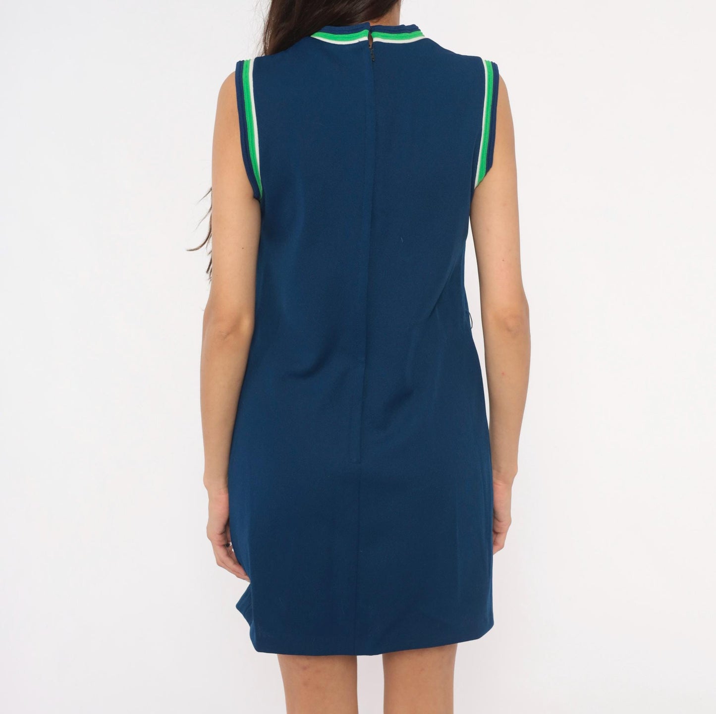 70s Toni Todd Navy Shift Dress Sleeveless V-Neck Striped Trim Small