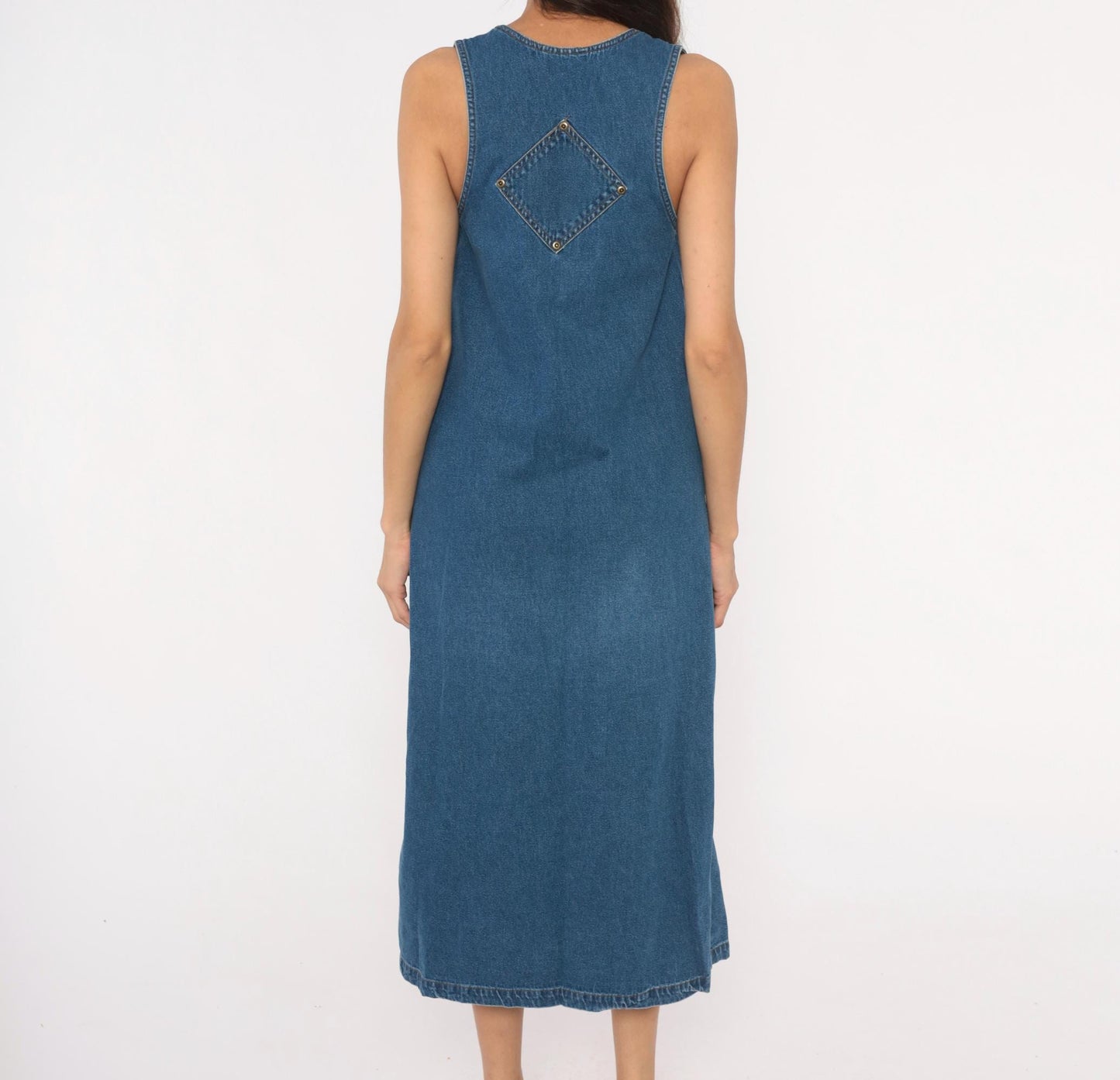 90s Original Ty2 Denim Jumper Dress Midi Button Front Cotton Navy Extra Small