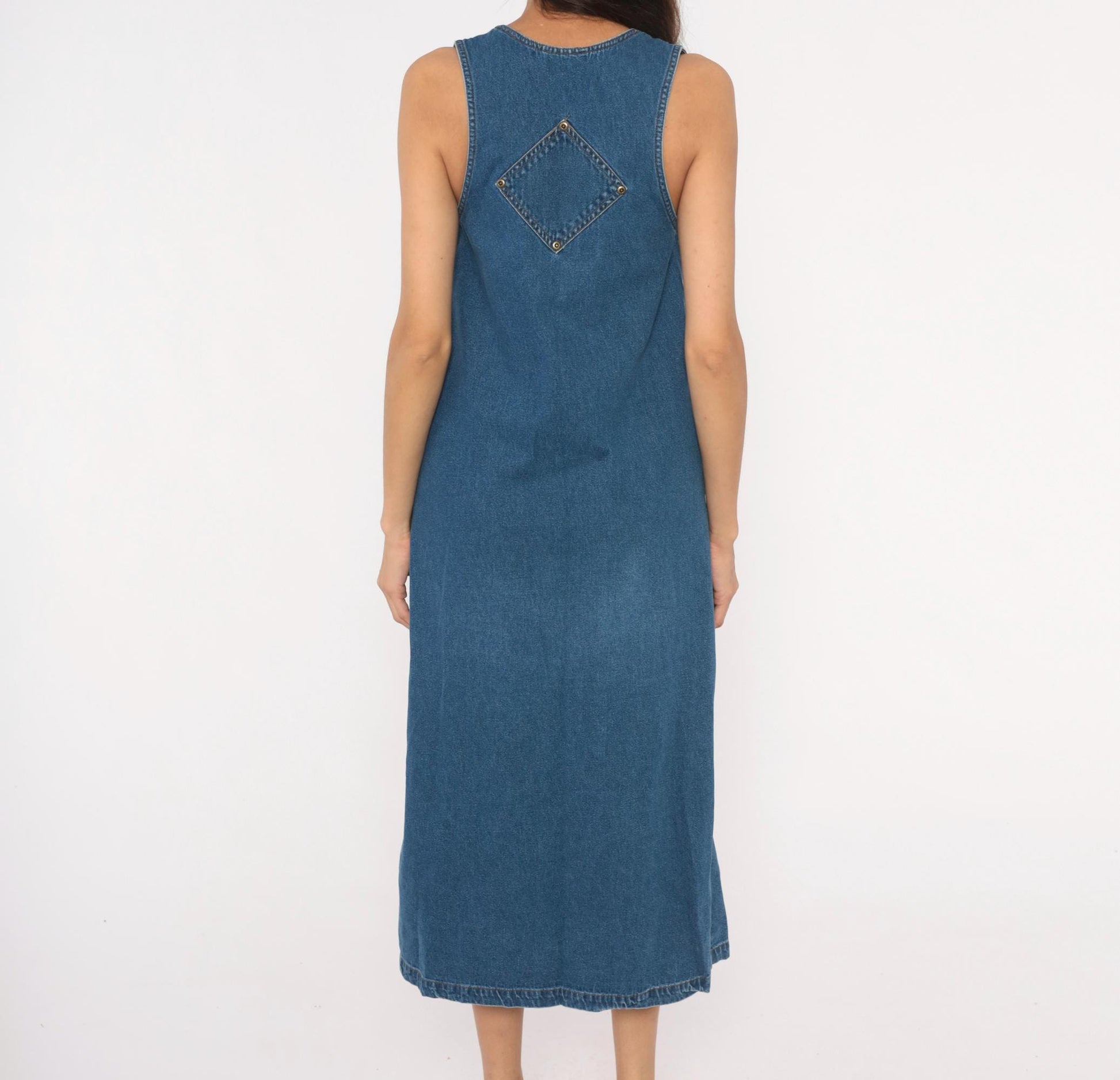 90s Original Ty2 Denim Jumper Dress Midi Button Front Cotton Navy Extra Small
